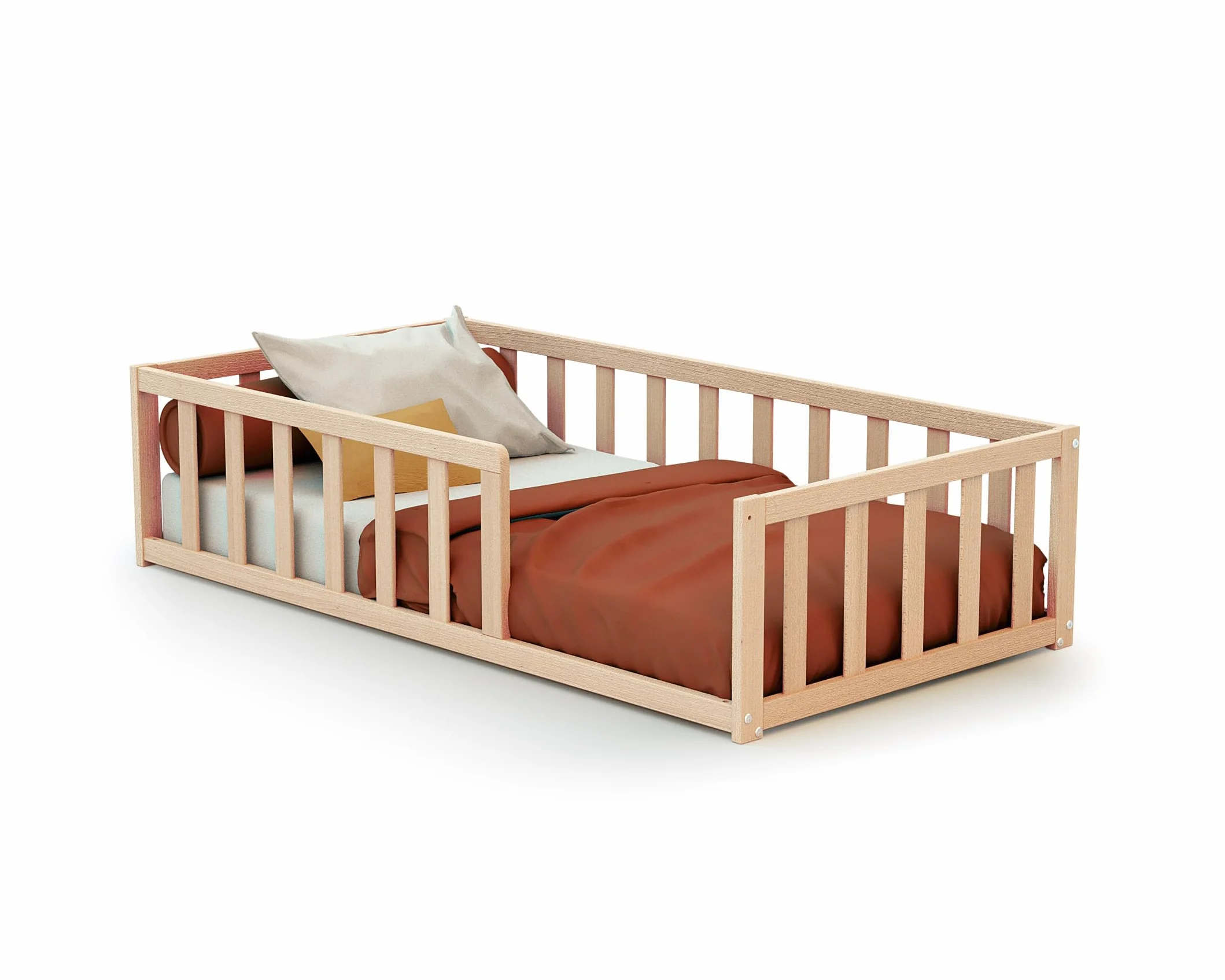 WEBABY - Cama infantil en el suelo madera - Haya Cruda - 70 x 140-144 x 75 x 35 cm