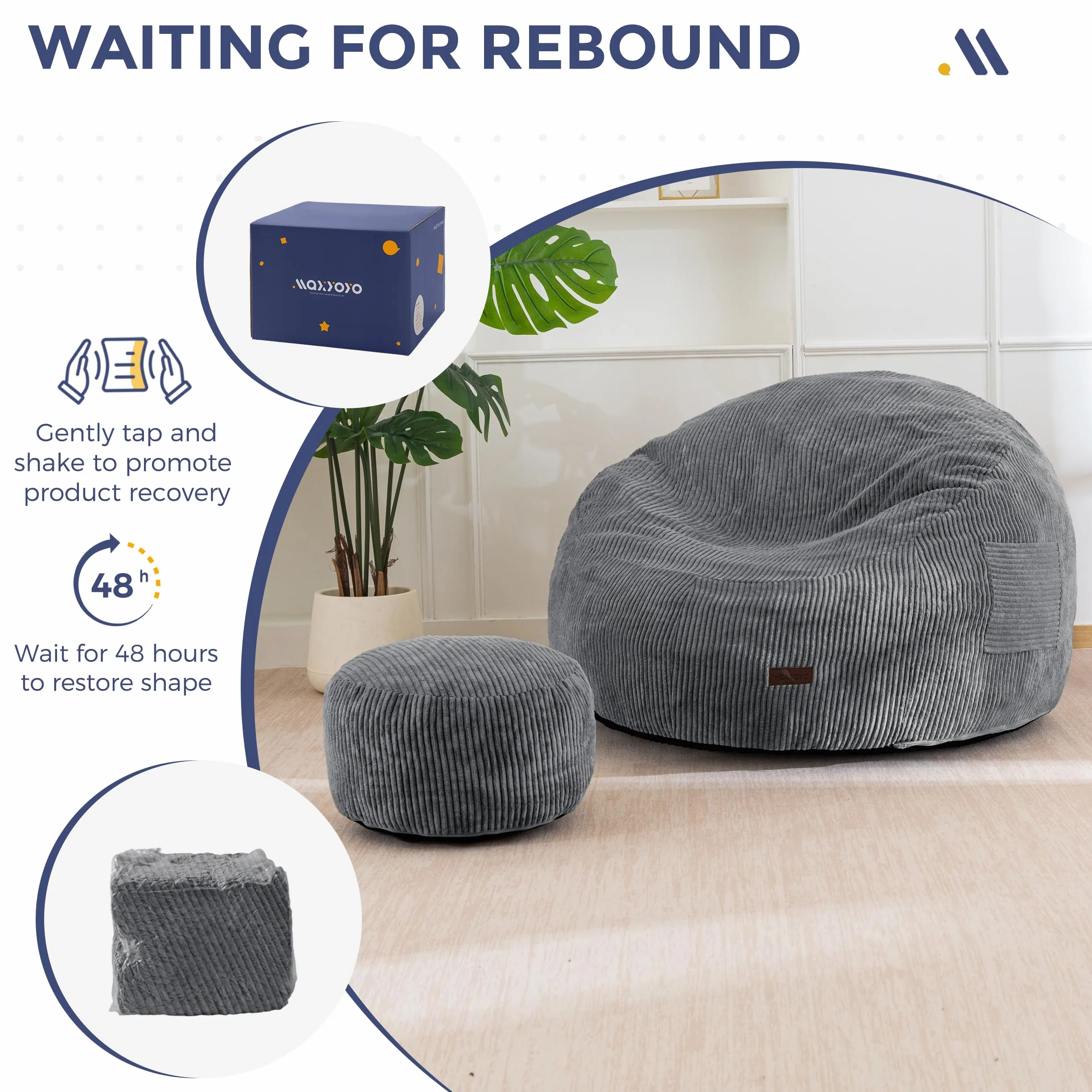 MAXYOYO Sillón Puff de Pana con Reposapiés para Adultos y Niños, Sofá Puff y Puf con Relleno de Espuma, Sillón con Asa para Sala de Estar, Dormitorio, Juegos, Lectura y Relajación