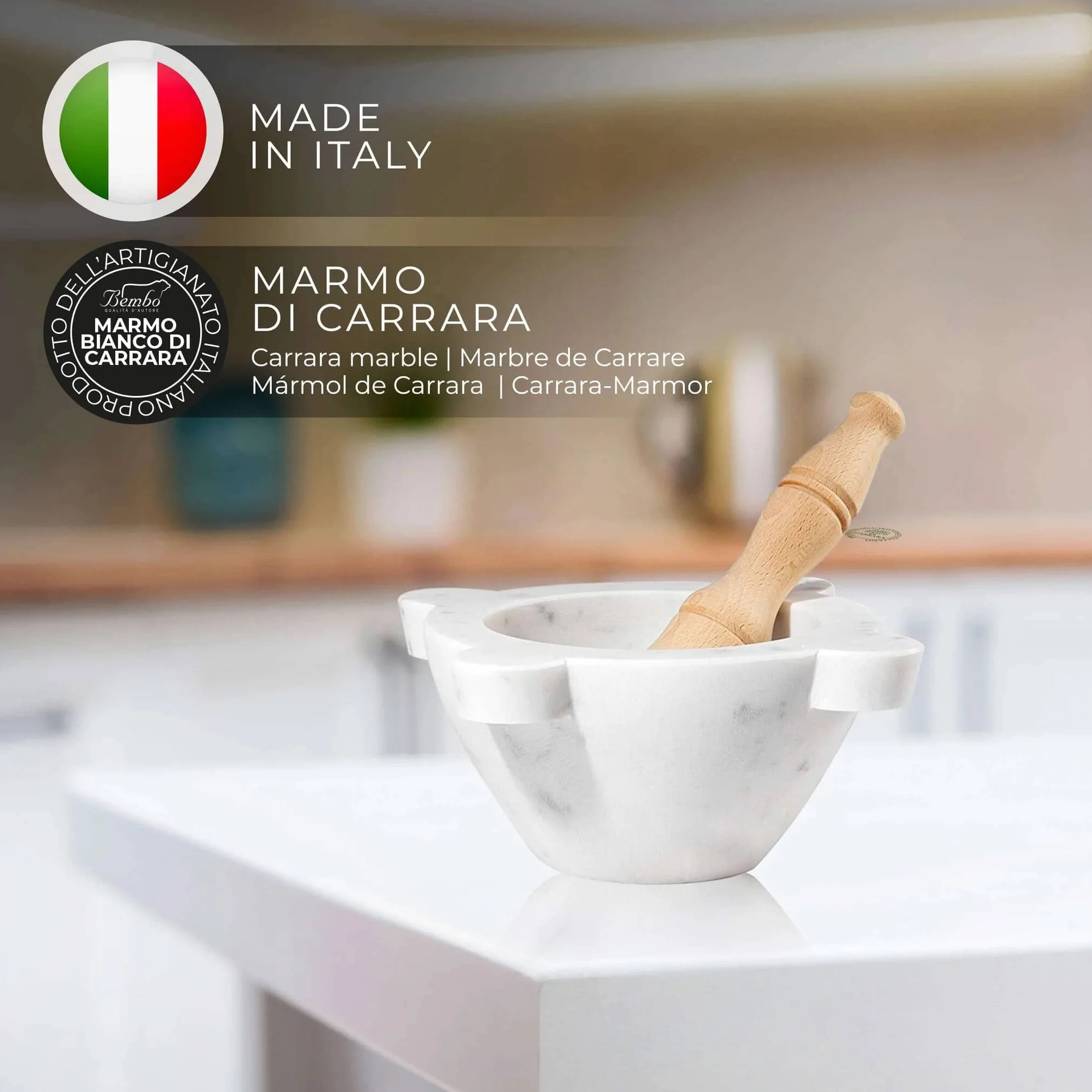 Mortero En Mármol Blanco De Carrara Con Almirez Bembo – Mortero Para Pesto Y Especias – Made in Italy - Modelo Genovés (cm 20)