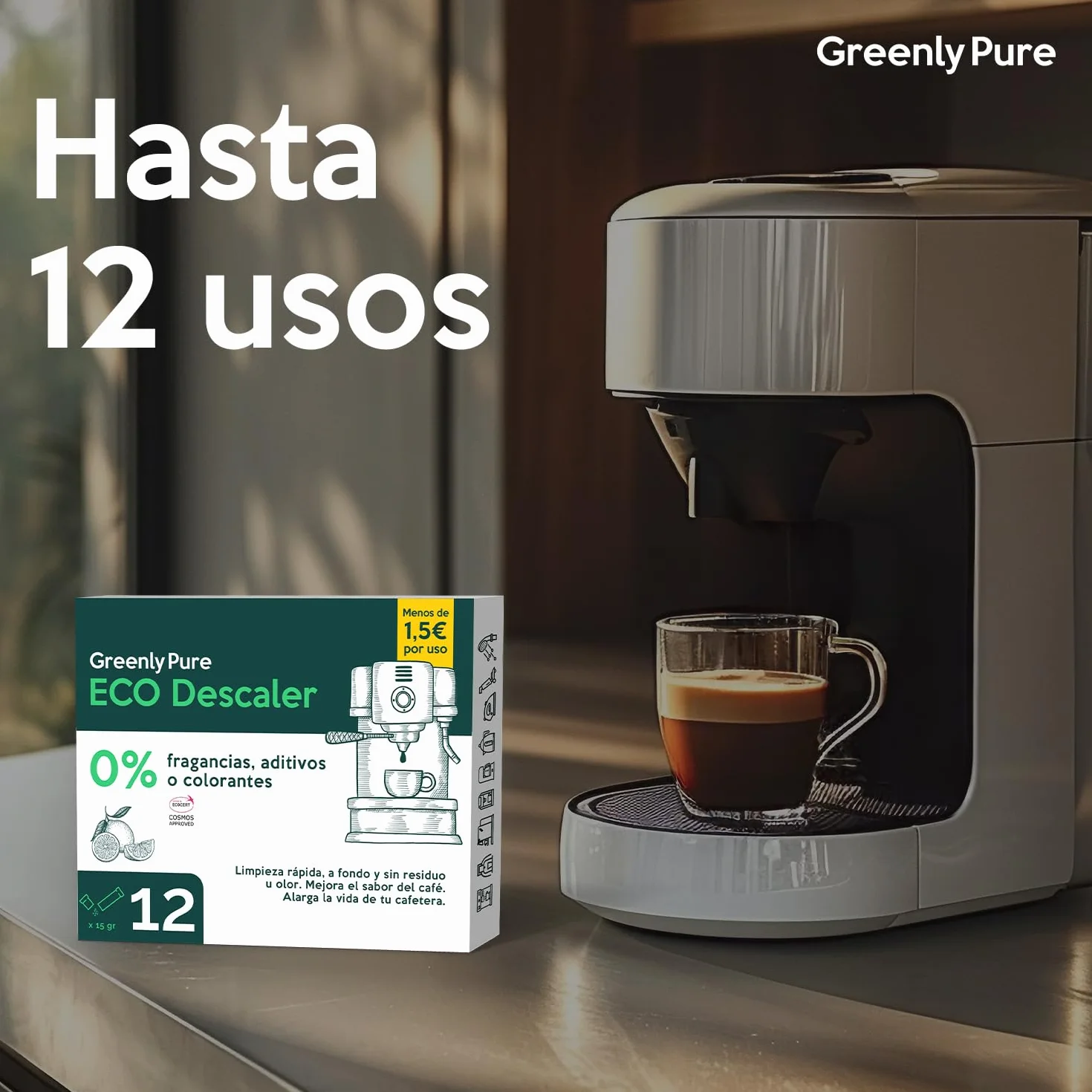 Descalcificador de Cafetera Ecológico Universal, Ácido Cítrico en Polvo, 12 uds x 15 gr
