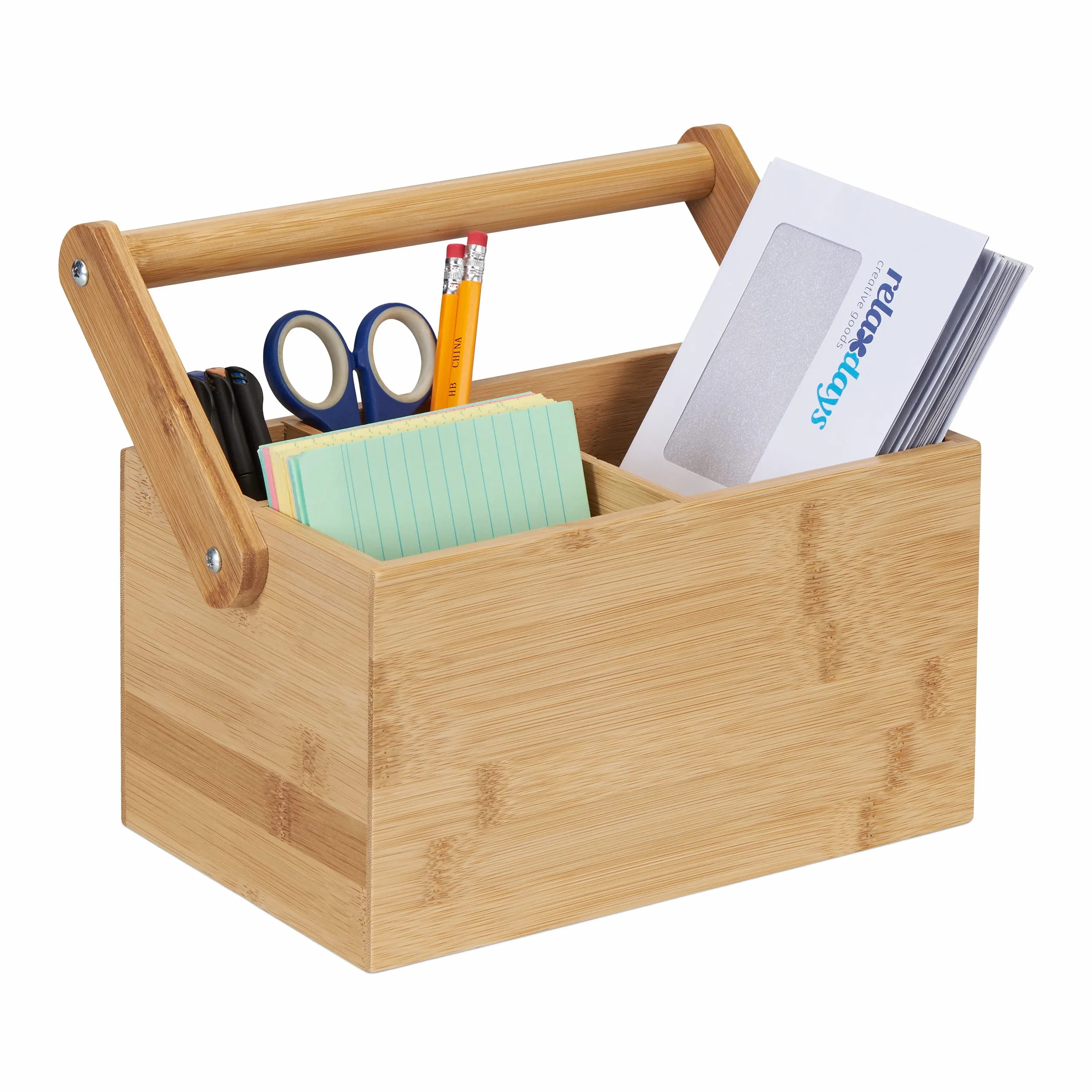 Relaxdays Bambú con Asa, 4 Espacios, 24 x 26 x 15 cm, Organizador de Escritorio y Porta Cubiertos, Natural