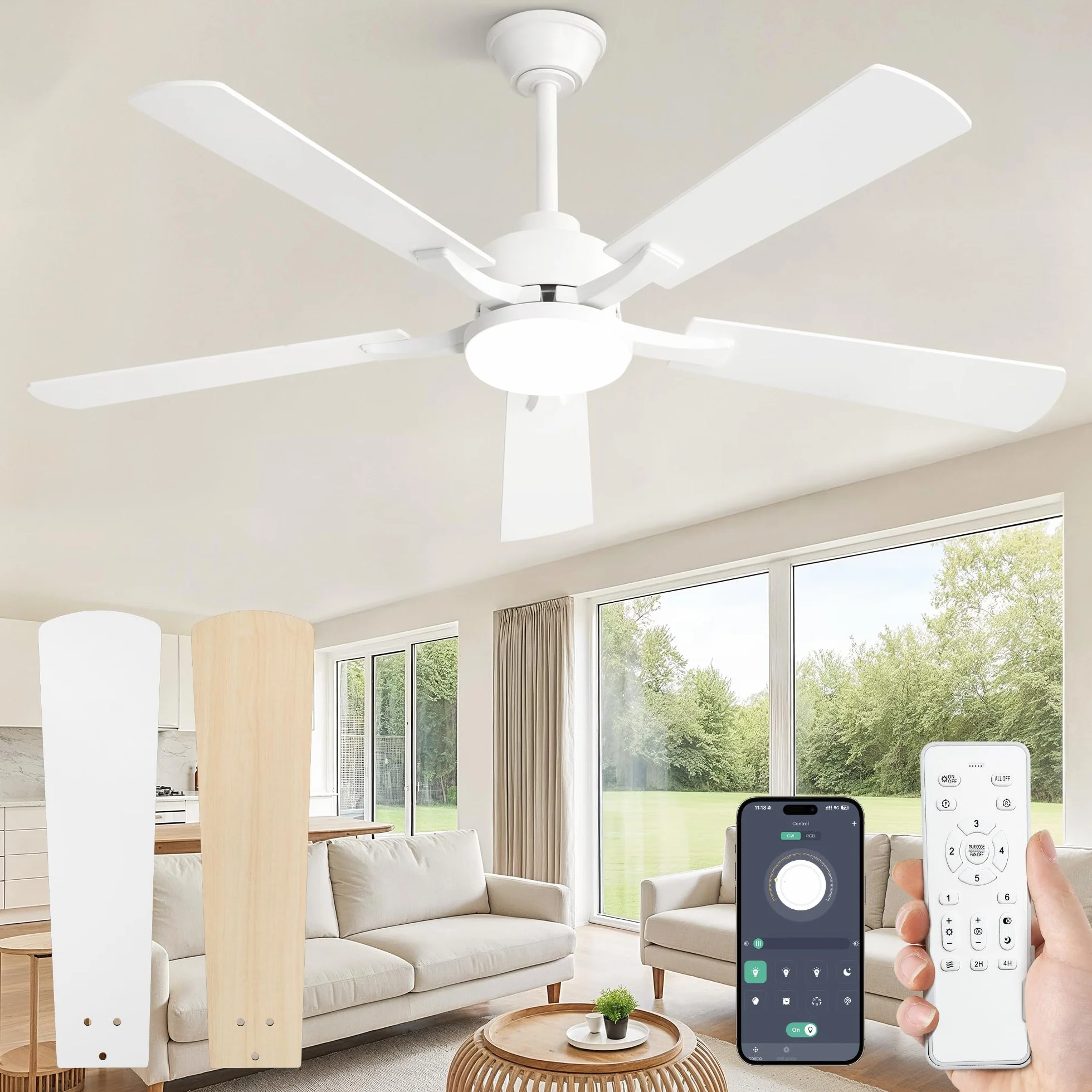 ZMISHIBO Ventilador techo Silencioso,Ø132 cm Ventilador de Techo con Luz control por control remoto/APP,6 Velocidades,3 Temperaturas de Color,Motor DC Reversible,Brillo regulable del 10% al 100%
