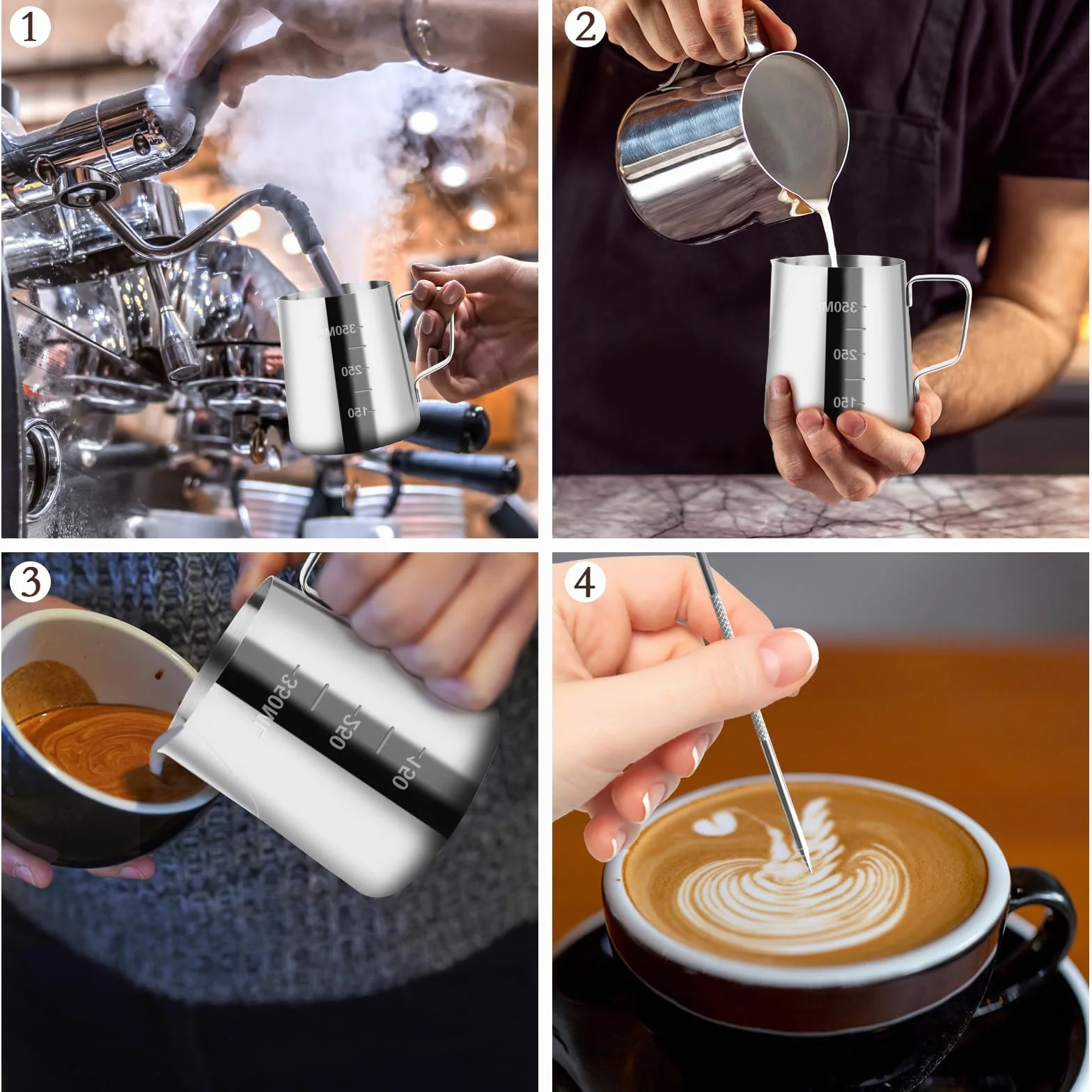 JOPHEK Jarra de Leche Barista 304 Acero Inoxidable Con Medición y Lápiz Decorador Para Espresso, Café y Espuma (350ML)