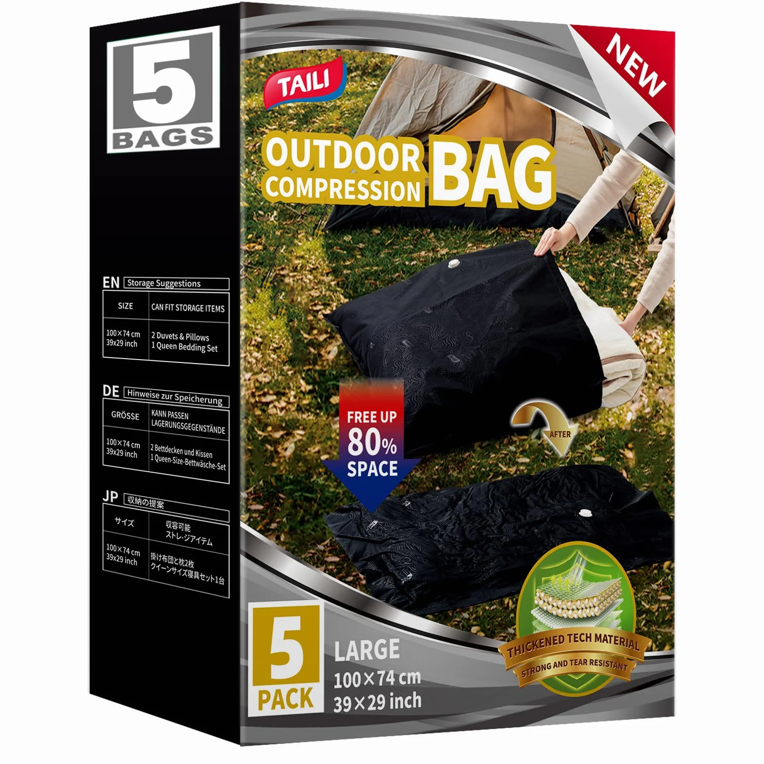 TAILI Bolsas de vacío para exteriores, 5 unidades jumbo, 100 x 74 cm | A prueba de desgarros e impermeables, reutilizables, ideales para viajes, ropa y camping, resistentes