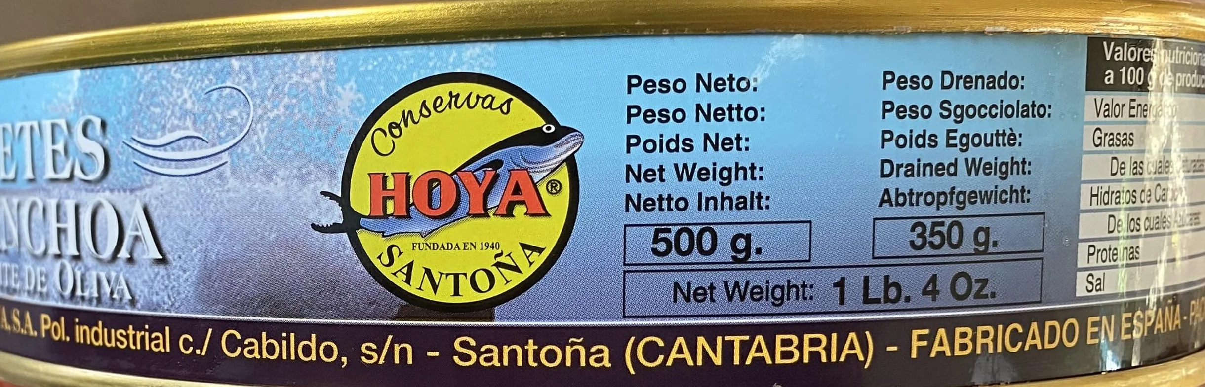 Hoya Anchoas de Santoña XL 500g Lata, Aprox.67 filetes, Elaboración Artesana con Bocartes del Cantábrico en Aceite de Oliva