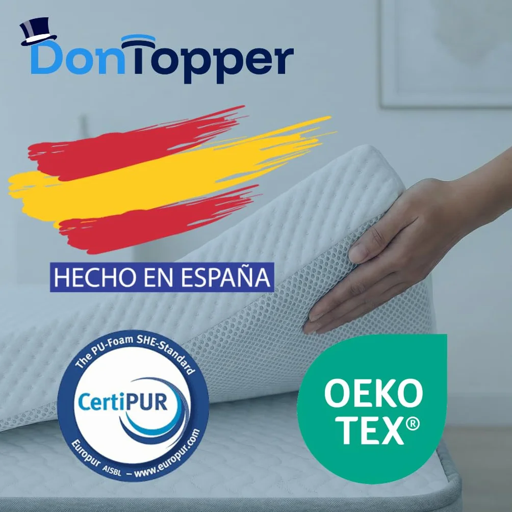 Topper Viscoelástico 135x190 cm – Grosor 8 cm | Fabricado en España | Alivia la Presión | Reduce la Tensión Corporal | 100 % Viscoelástica | Funda Transpirable Desenfundable y Lavable | CertiPUR