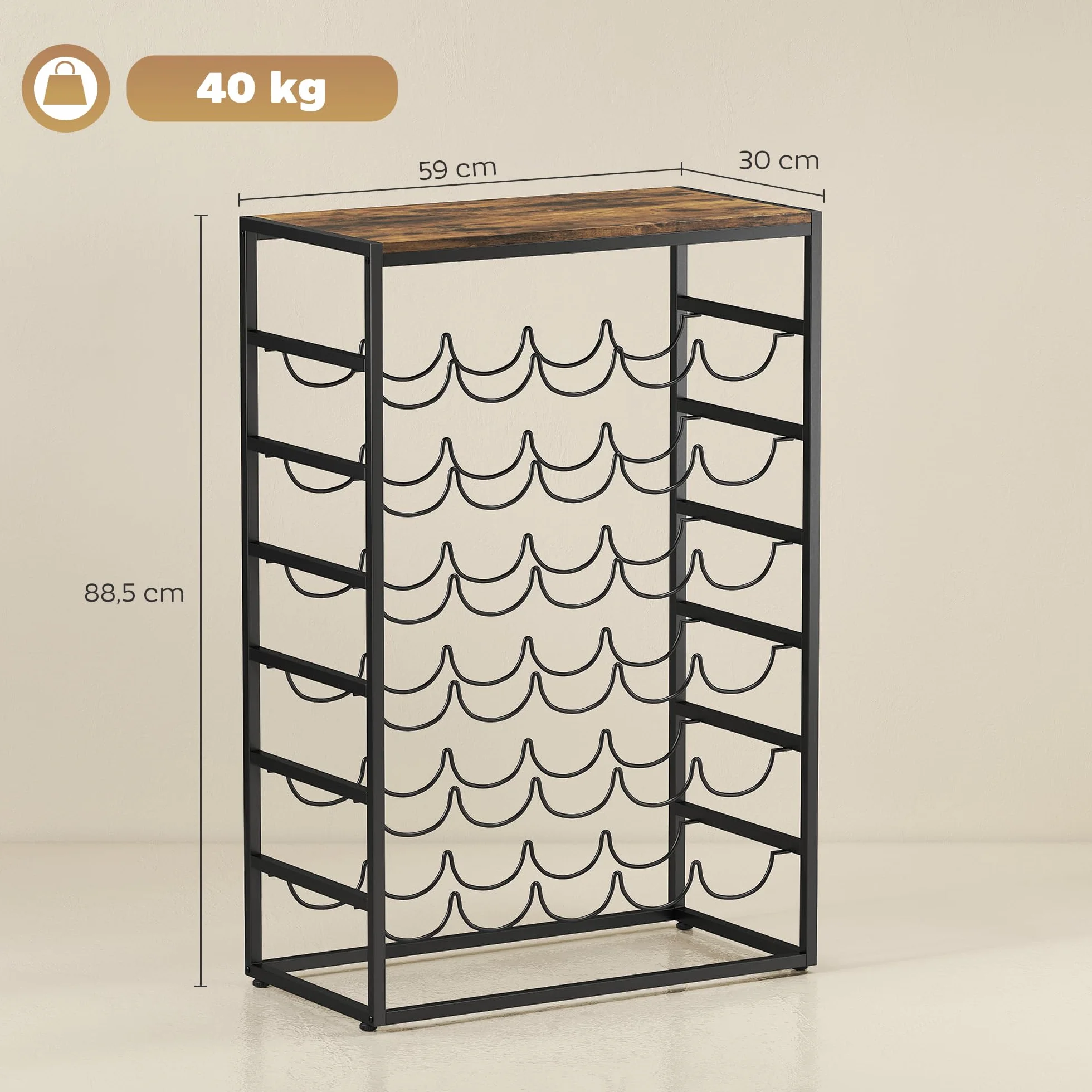 HOMCOM Botellero para 30 Botellas, Botellero para Vino de 6 Niveles con Encimera de Efecto Madera, Estilo Industrial, para Cocina, Comedor, Bar, 59x30x88,5 cm, Marrón Rústico