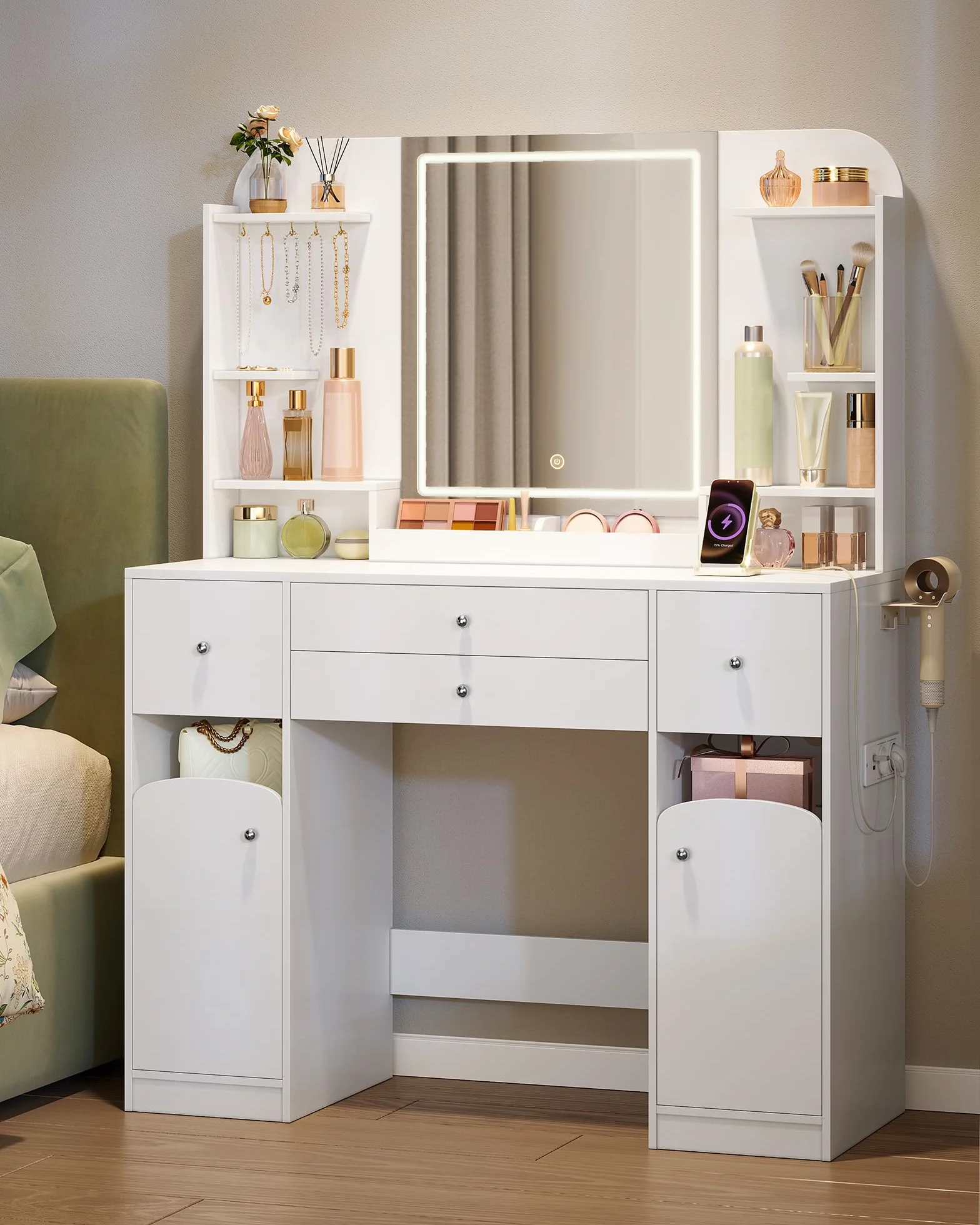 Hzuaneri Tocador con LED, Tocador de Maquillaje con Enchufe y Soporte para Secador de Pelo,108 cm Tablero, con 2 Cajones Grandes con Espacio para Guardar Joyas, 2 Armarios, 40 x 108 x 145 cm Blanco