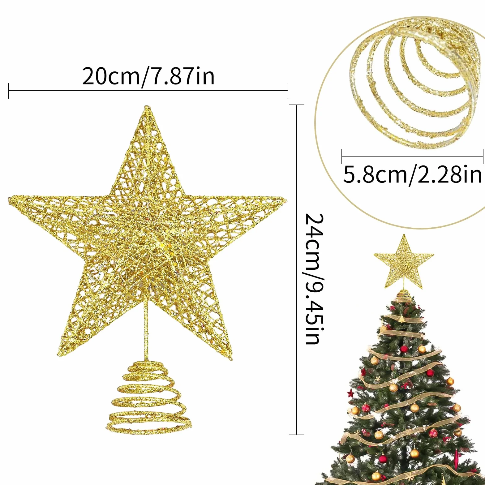 Estrella Arbol de Navidad Dorada, Grande Metal Brillante Estrella para Arbol de Navidad, Purpurina 20 cm Oro Estrellas Decoración Arbol de Navideño, Adorno Navideña para el Hogar