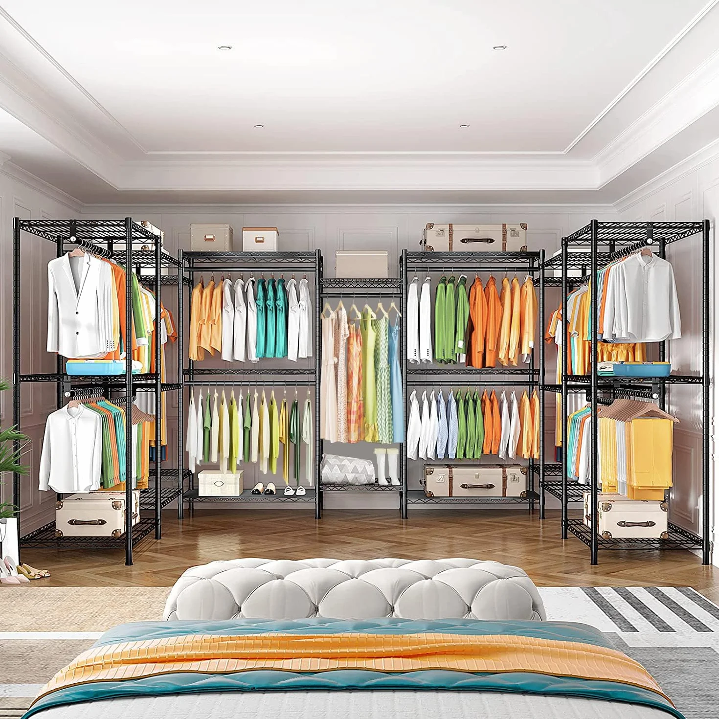 Armario Abierto para Dormitorio, Perchero Resistente de Gran Capacidad 380KG, Vestidor Modular con Estantes y Barras Ajustables, Organizador de Ropa y Almacenaje 45D x 187W x 195H CM, Negro