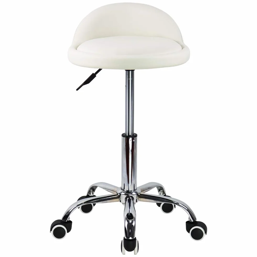 Taburete con Ruedas de Piel Sintética con Respaldo Ajustable en Altura y Giratorio, Silla de Trabajo (Blanco)