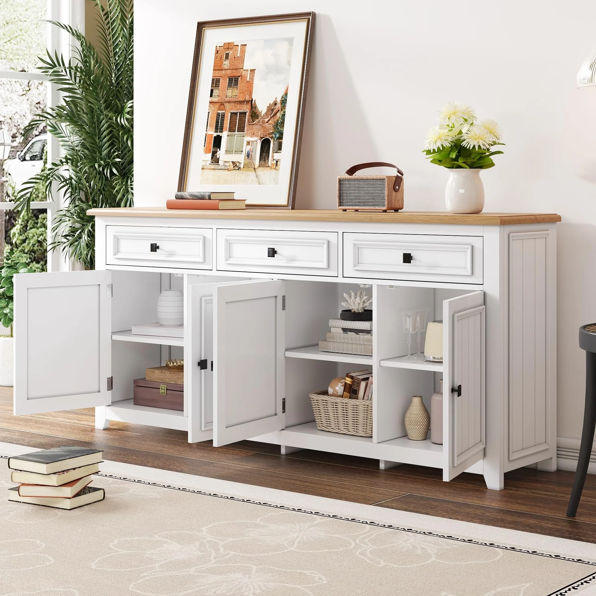 Aparador Cocina, Aparador para Salon con Separadores Ajustables, Buffet Comedor con 3 Cajones y 4 Puertas, Modern Mueble Auxiliar Cocina de Entrada para Dormitorio y Salón, 160x35x76cm (Blanco)