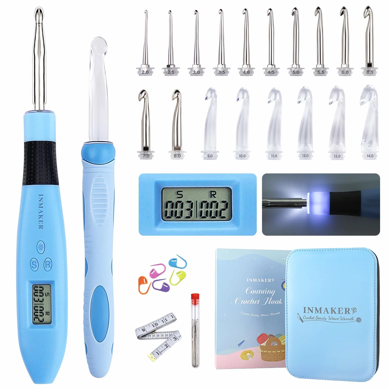 INMAKER Juego de agujas de ganchillo iluminadas, juego de agujas de ganchillo digitales 18 en 1, kit de agujas de ganchillo LED con funda, regalos especiales de ganchillo para ganchillo
