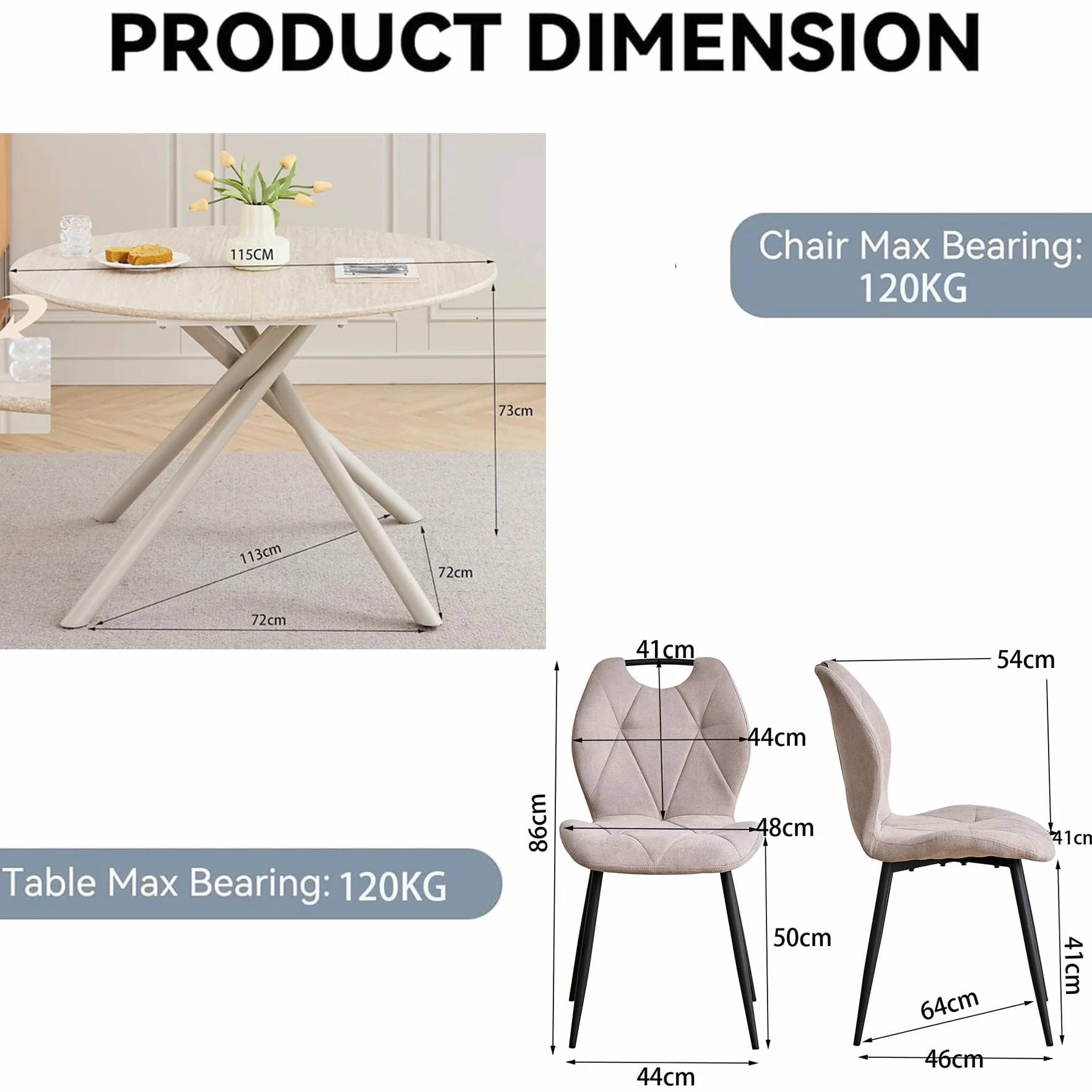 Juego de Mesa y Sillas de Comedor Mesa de Comedor Redonda de 115 cm y 4 Sillas Tapizadas en Lino, Adecuadas para Cocina, Sala de Estar y Comedor (Amarillo Claro +Beige)