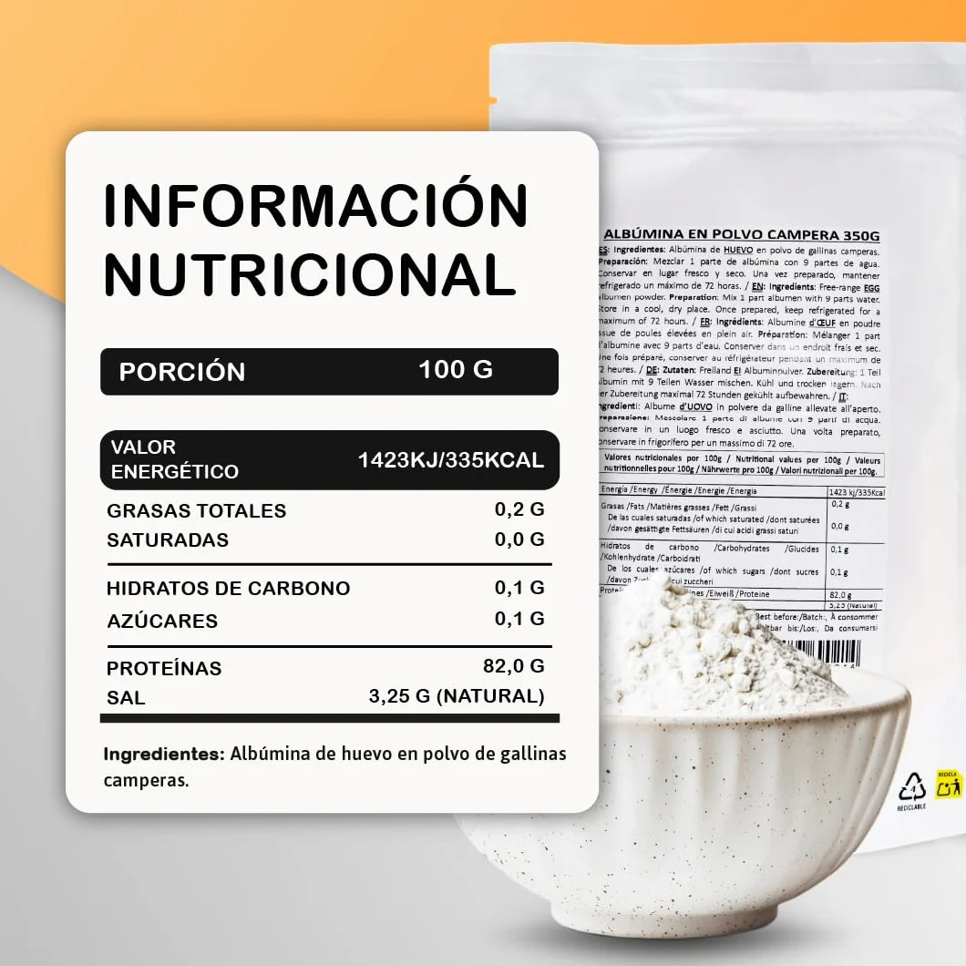Clara de Huevo en Polvo SERMAND | Albúmina de Huevo Sin Aditivos Sin Lactosa | Bolsa Zip 350 GR