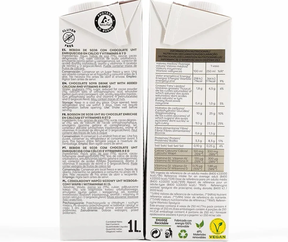 Frías Bebida Vegetal de Soja Chocolate Sin Gluten Sin Lactosa Pack 6 Unidades 1L Vegana
