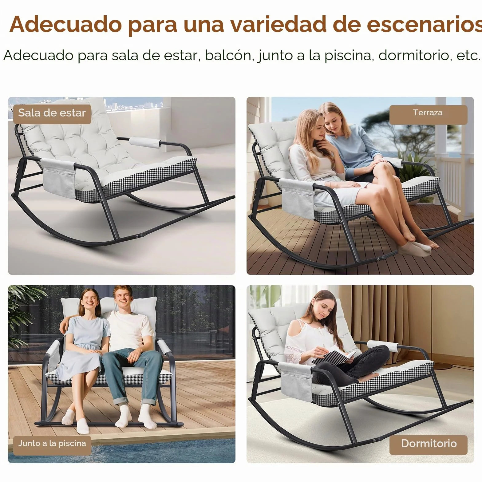 Mecedora para interior y exterior, ergonómica, para salón, silla de relax con acolchado, soporta hasta 300 kg, para jardín, dormitorio, salón, esquina, porche (beige)