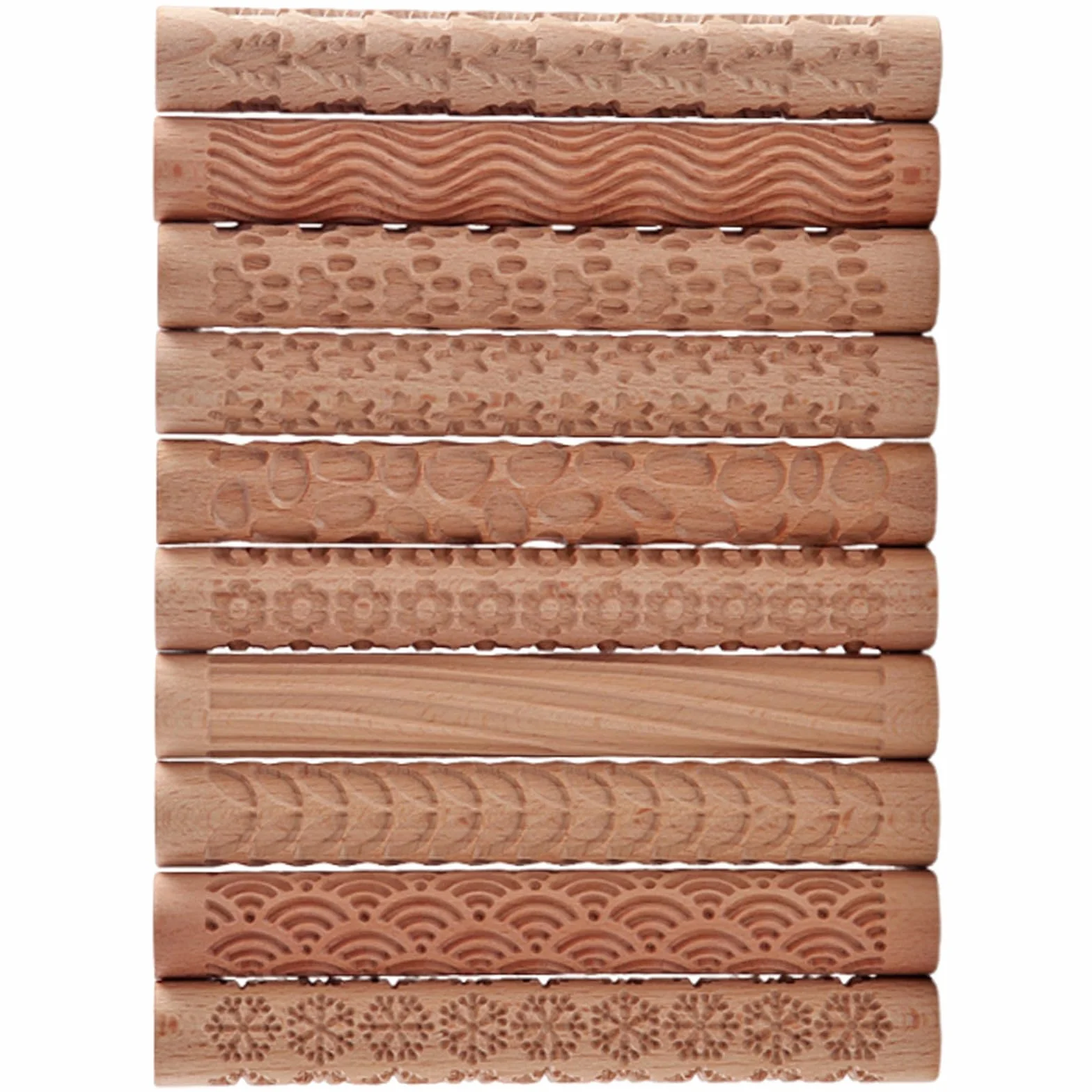 Juego de 10 Piezas de Rodillos de Madera para Arcilla Polimérica Mango de Madera y Patrones Tallados a Mano para Estudios de Cerámica y Proyectos DIY
