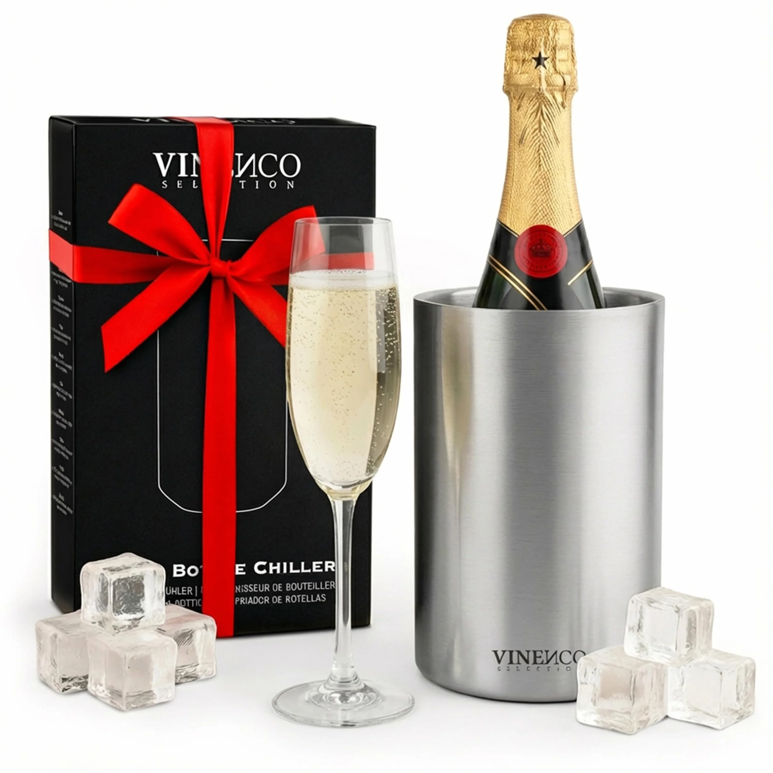 VINENCO Enfriador de Botellas de Vino Acero Inoxidable Doble Pared Aislado | Cubitera de Vino Champan y Bebidas | Set de Regalo para Hombres y Mujeres Accesorios de Vino Idea de Regalo Navidad