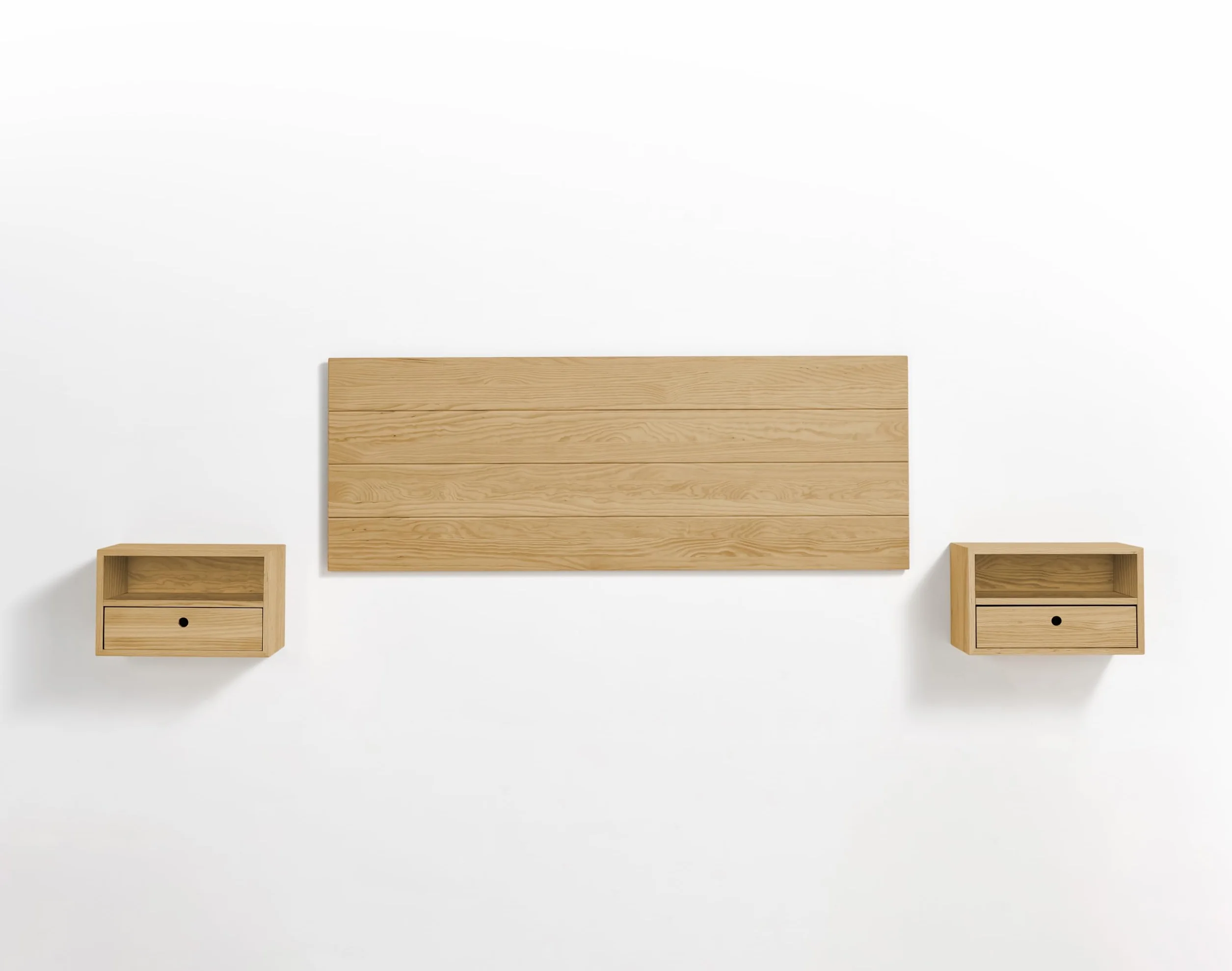HOGAR24 ES - Cabecero Acabado Madera Maciza Natural + 2 Mesitas Flotantes con Cajón y Hueco Acabado Cera. Medidas Cabecero: 155 x 60 x 2 cm.
