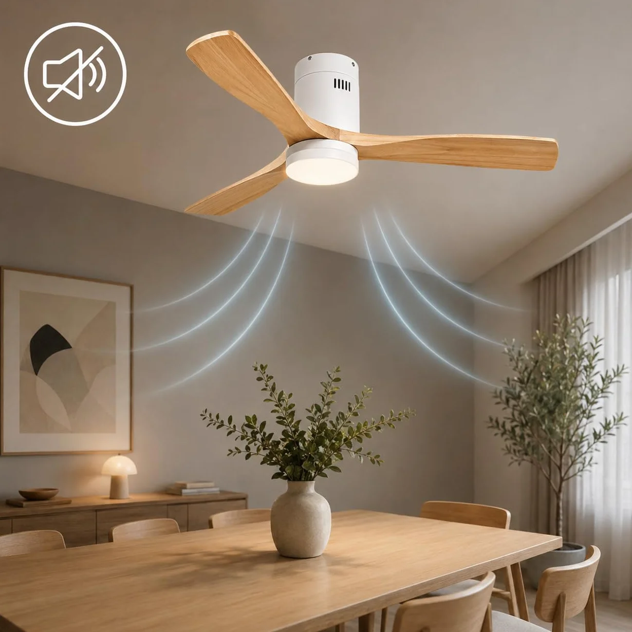 M mimotec - Ventilador Techo Energy con Luz LED Regulable en intensidad, Motor DC Silencioso, Aspas Efecto Madera Ø132 cm, Mando, 6 Velocidades, 3 Temperatura de Luz, Temporizador, Verano/Invierno