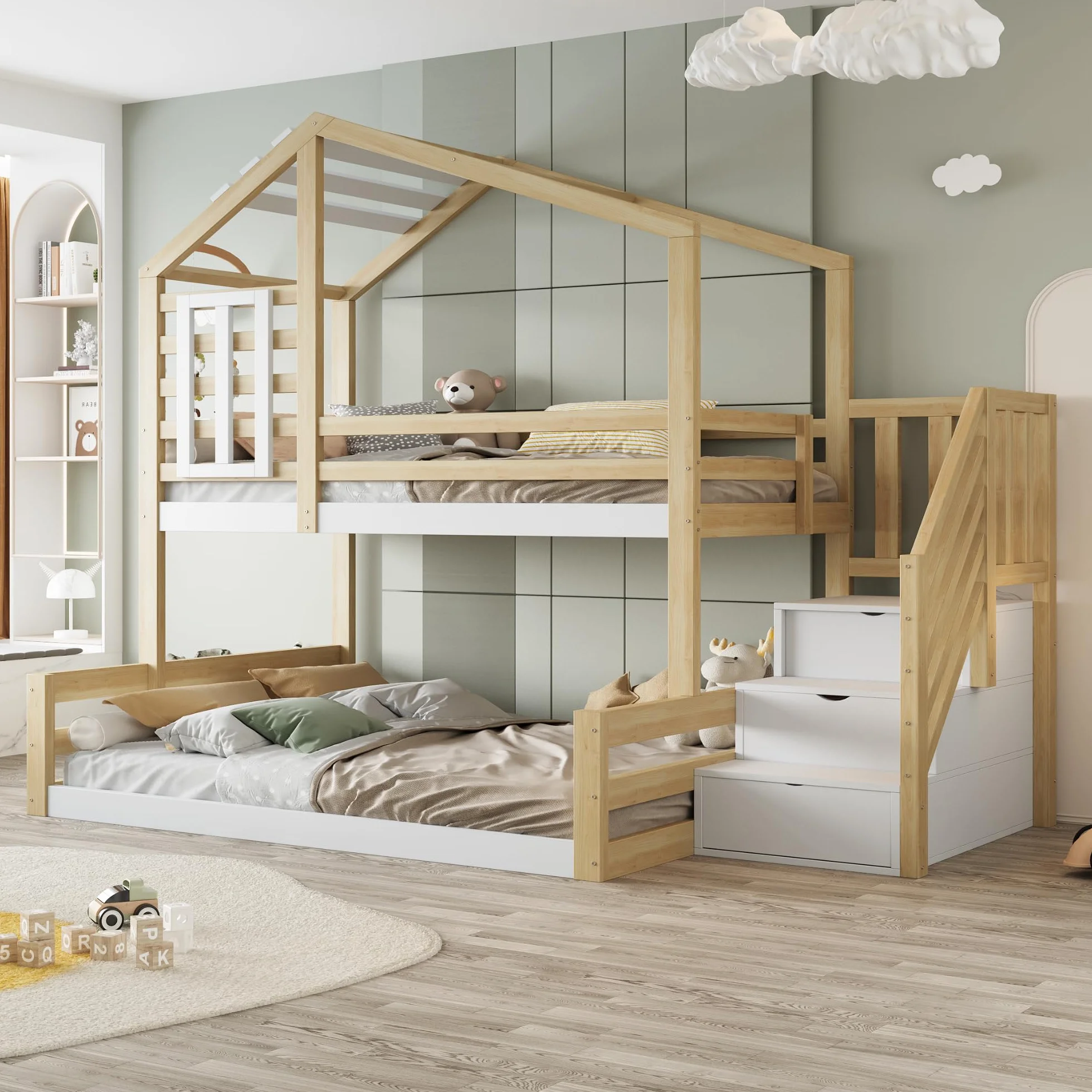 LAKFEW Litera 90(140)x200 cm con Escalera Almacenaje y Diseño de Techo, Cama Infantil para 2 Niños, Cama Litera Matrimonio con Barandilla Anticaída y Ventana, Literas Infantiles, Natural, Sin Colchón