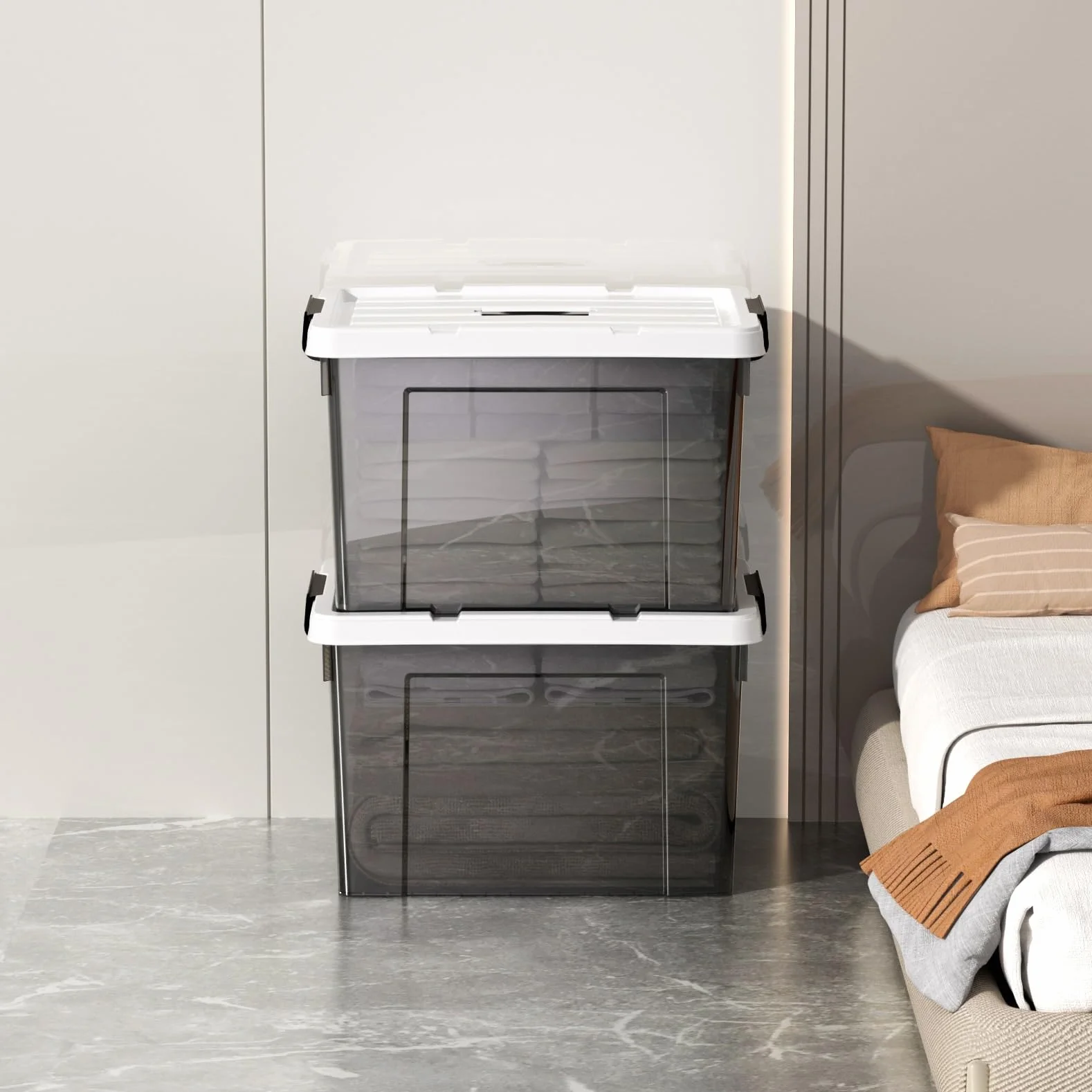 Cetomo Caja de Almacenamiento 45L Plástico con Tapa Paquete de 3 Negro Transparente