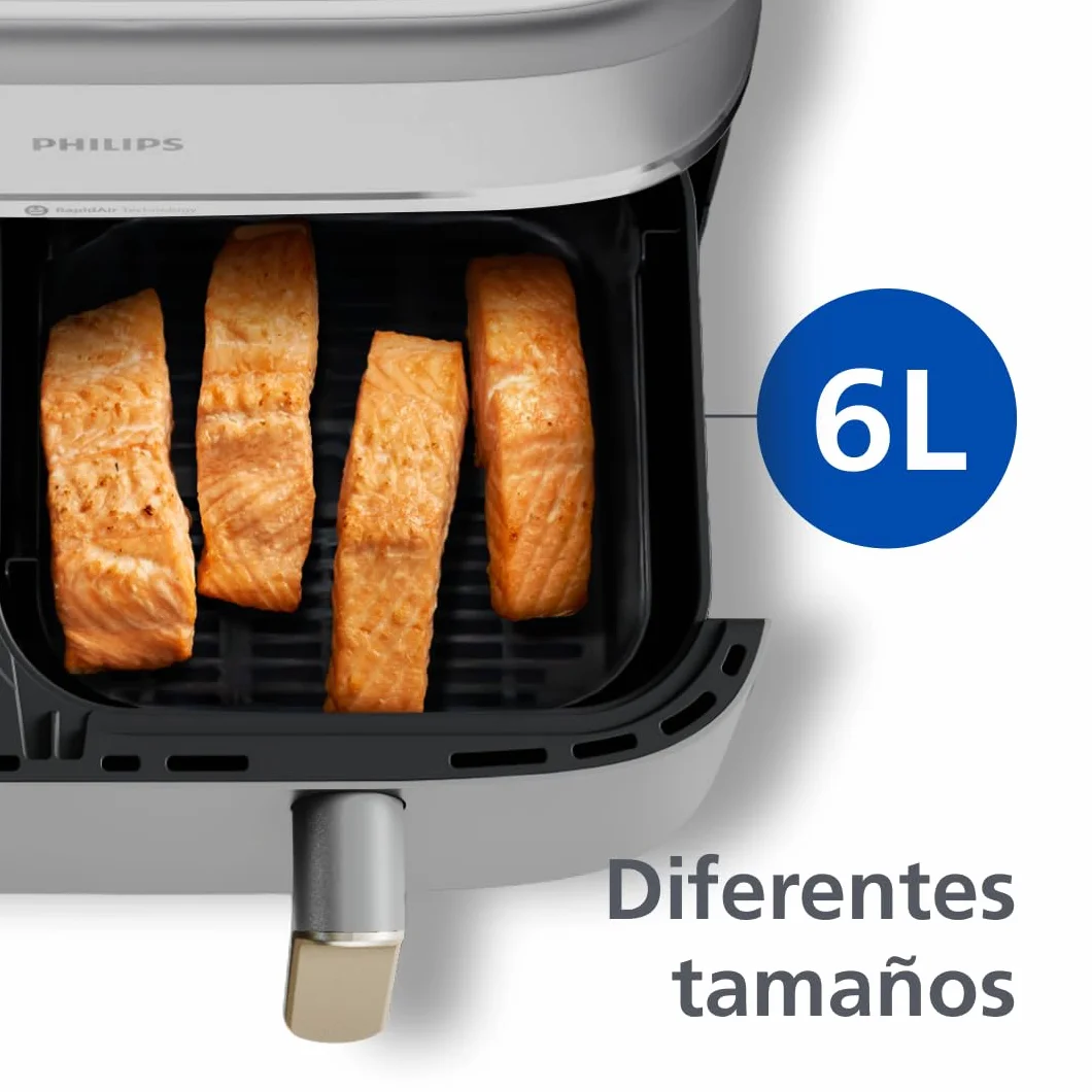 Philips Freidora de Aire Serie 3000, Doble Cesta 9L, 8-en-1, Sincronización Automática, 90% Menos Grasa, Tecnología Rapid Air, Apta Lavavajillas, con App HomeID, Blanca (NA353/10)