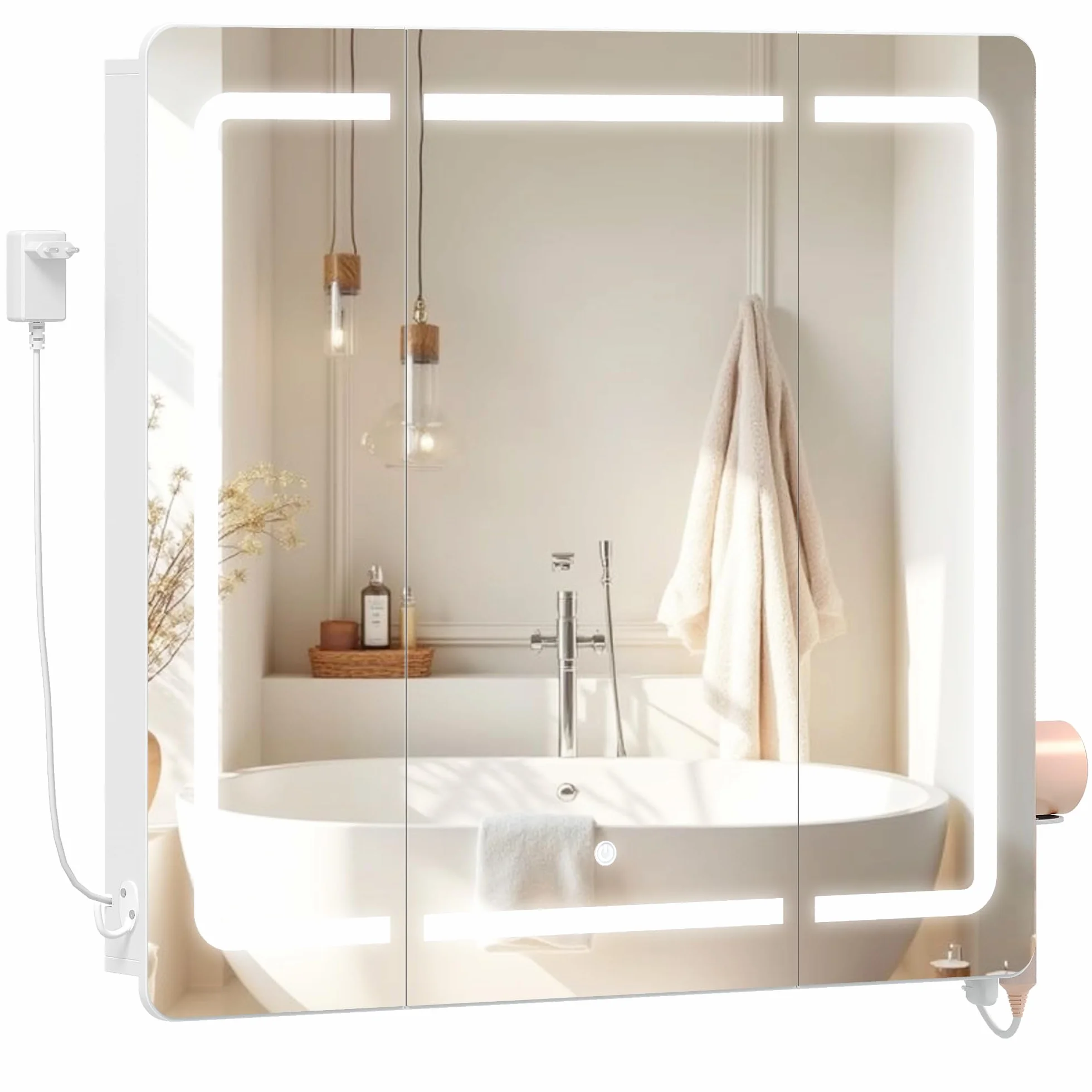 Armario Espejo Baño con Luz LED, Espejo Plegable 3 Puertas, Estantes Ajustables, 16,5x80x75 cm Blanco