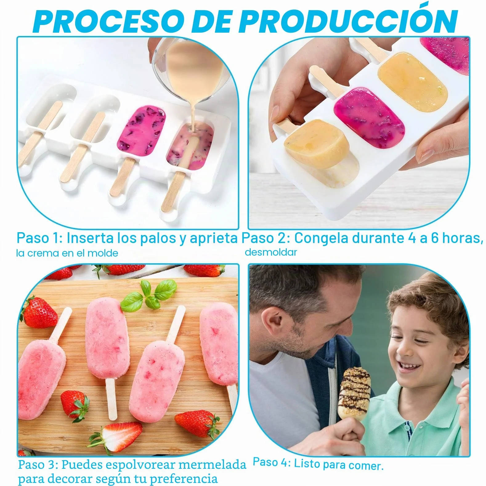 Moldes de Helados Silicona con Palo, 8 Cavity Juego de Moldes para Polos, con 100 Palos de Madera Blanco