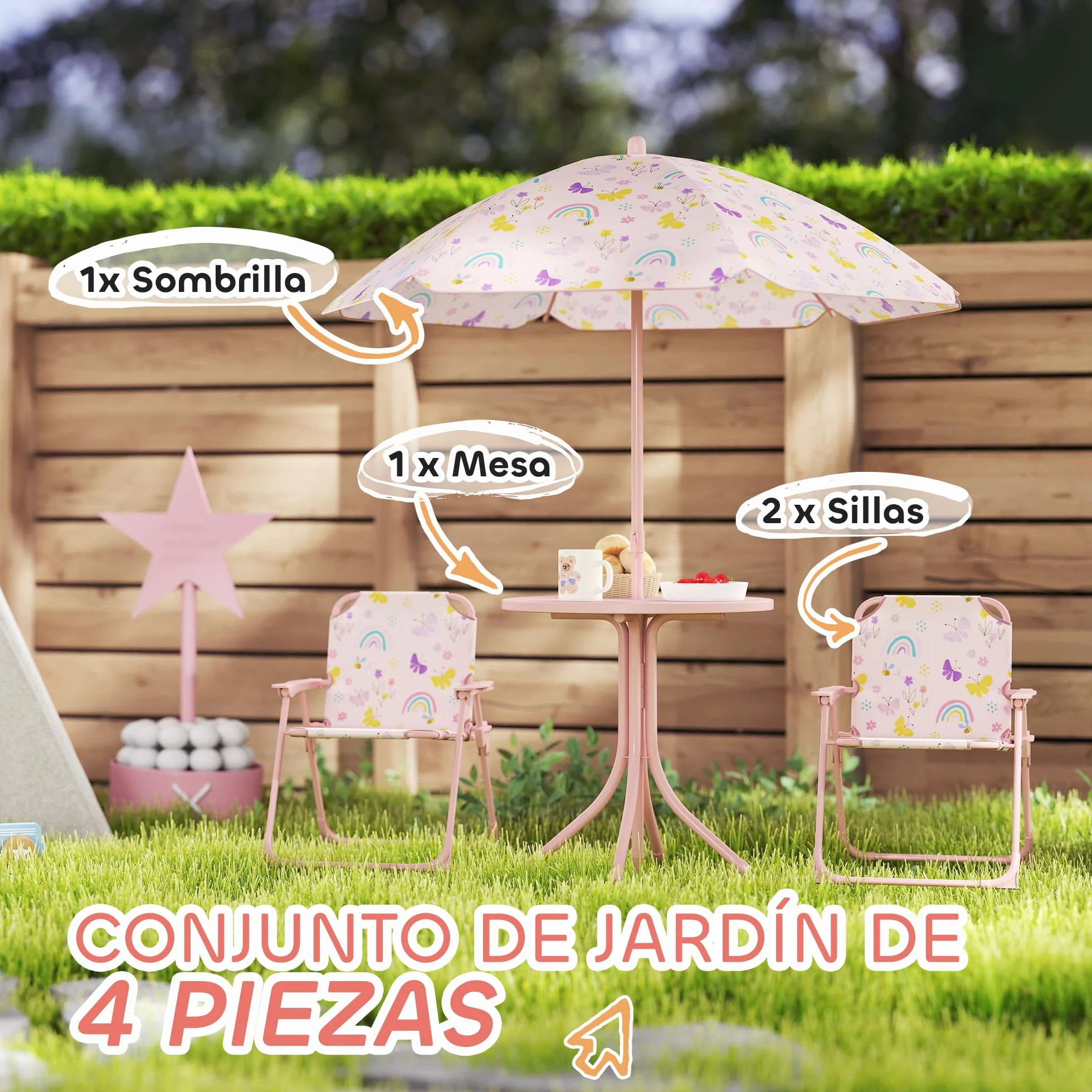 AIYAPLAY Conjunto de Mesa y Sillas Infantil de Jardín 4 Piezas con Sombrilla Ajustable
