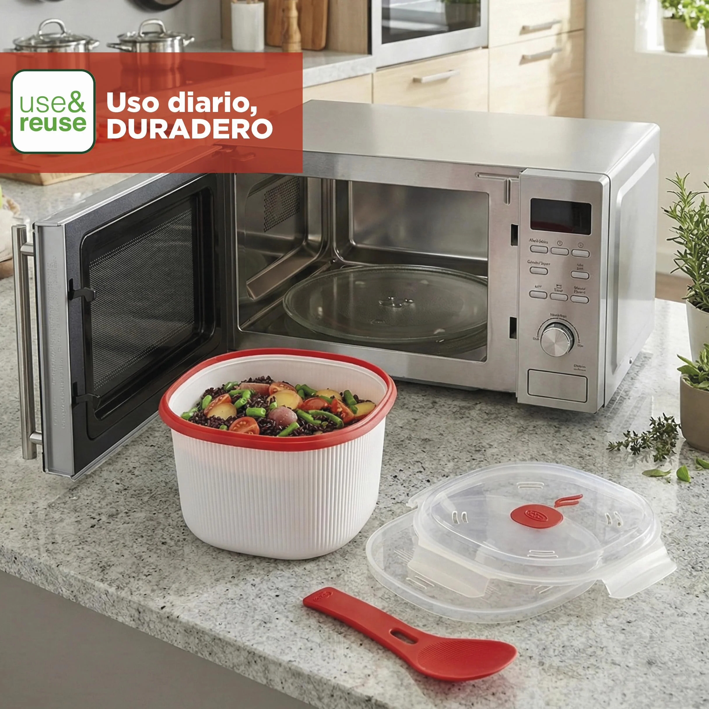 Olla Arrocera Microondas 2.70L Recipiente para Cocina al Vapor, Cereales & Rice Cooker con Espátula, Made in Italy