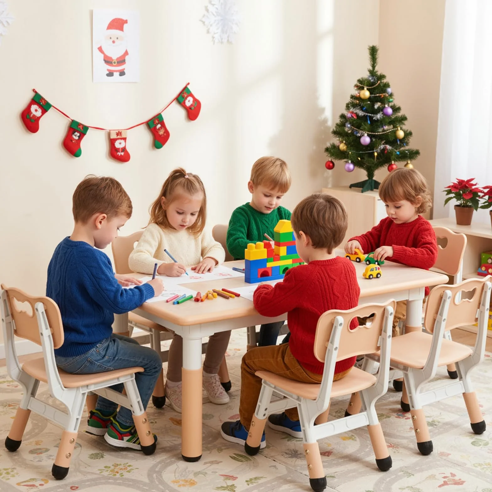 Mesa niños Infantil con 6 Sillas, Grupo de Mesa Infantil en Altura Ajustable, Juego de Sillas para Jardín de Infantes y Habitación, Grupo de Asientos para Niños y Niñas a Partir de 2 Años, Amarillo