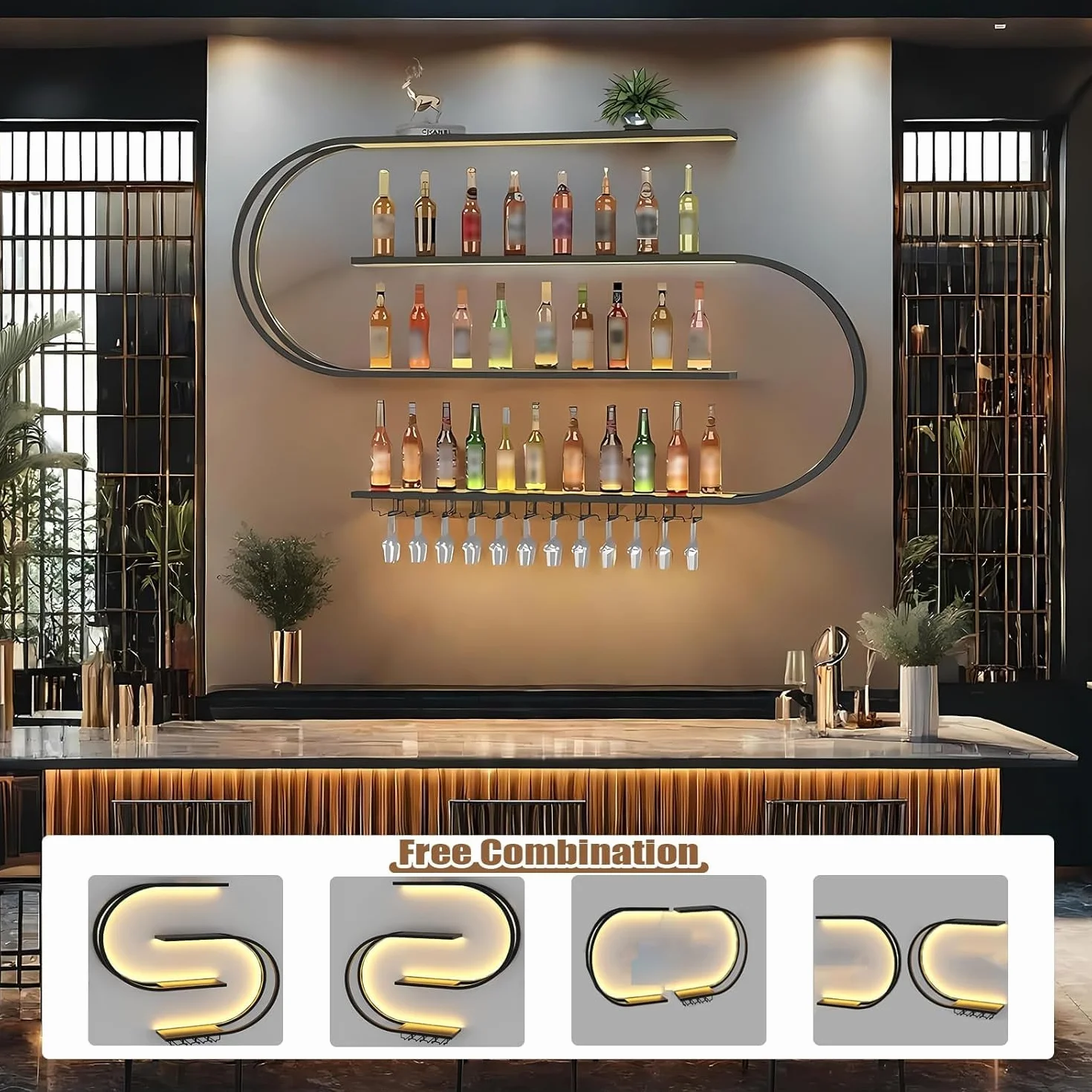 Botellero de Pared con portavasos, Estantería de Hierro de 4 Plantas, Soporte Flotante para exhibición de Vino, Estante de Botellas de Pared, para el hogar, Restaurante, Bares (Negro, 120cm)