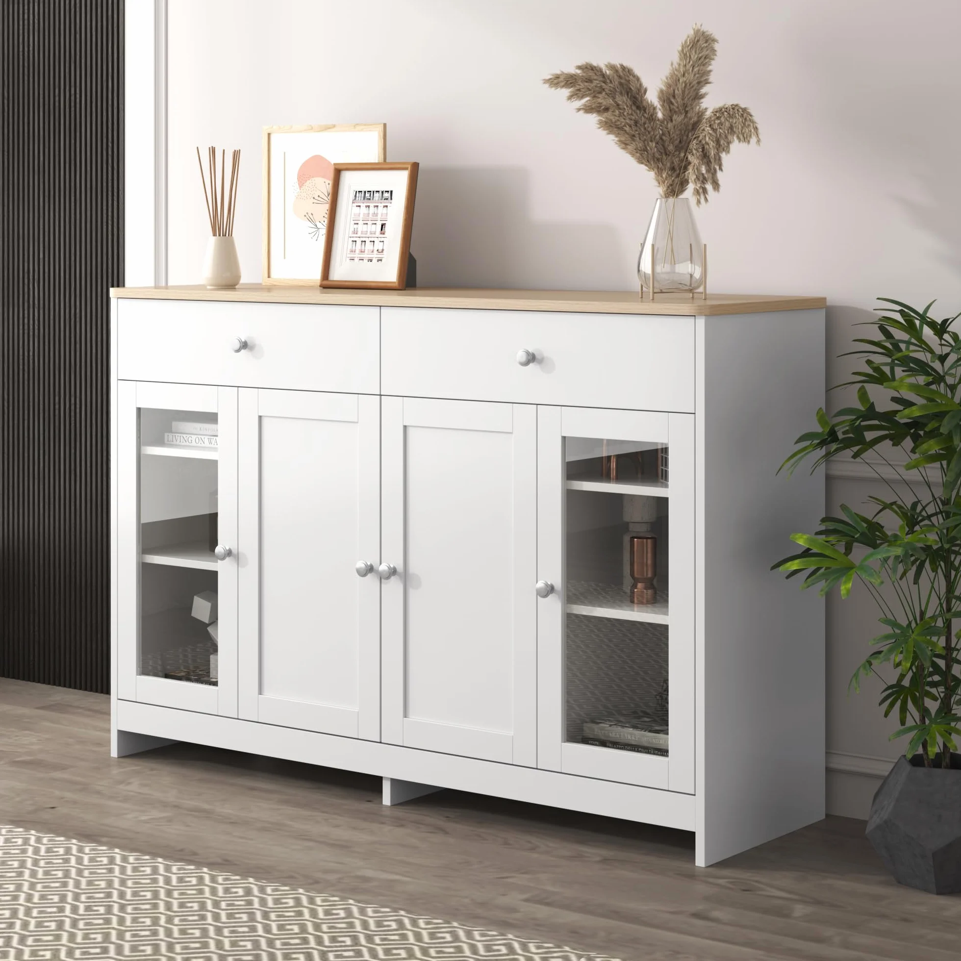 Azkoeesy Aparador Blanco con Puertas de Cristal y 2 Cajón - 120x37x80 cm, Mueble Multifuncional (Cocina/Buffet/Archivador) para Sala de Estar y Oficina - Diseño Moderno con Almacenamiento