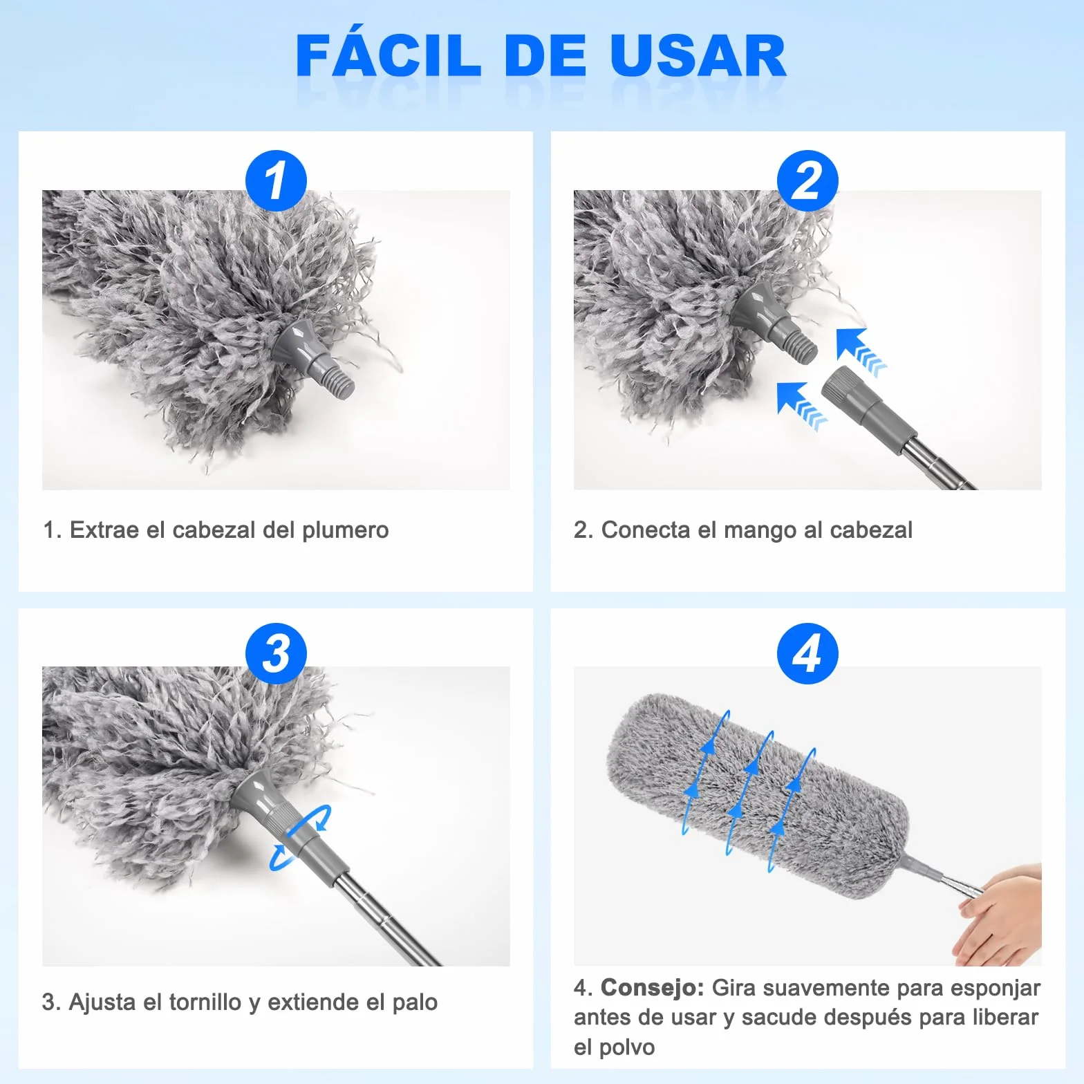 Plumero con Poste Telescópico Largo, 2 Cabezales de Microfibra Lavables, Herramienta de Limpieza Extensible para el Hogar