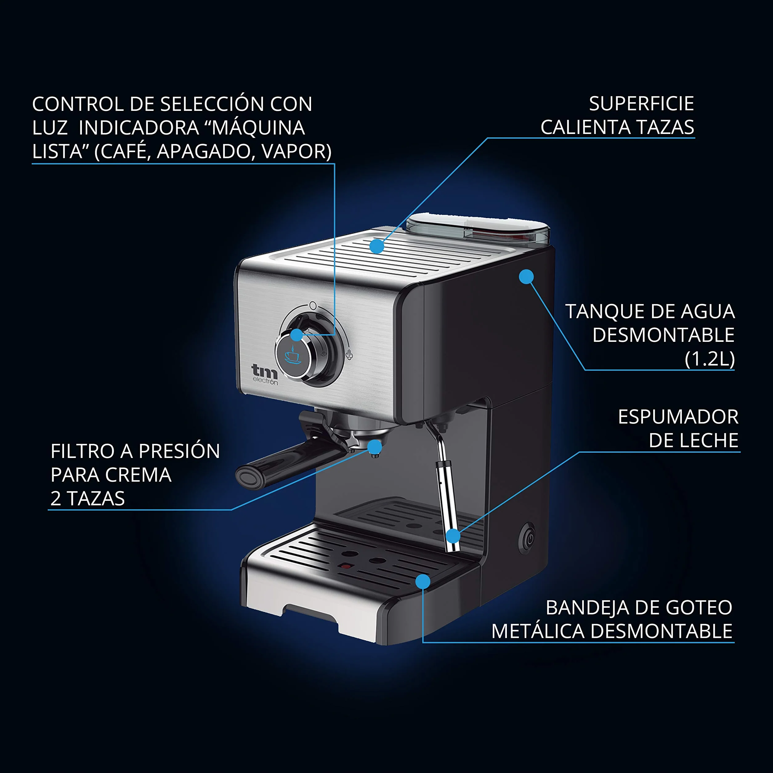 TM Electron TMPCF101 cafetera Espresso Manual con 15 Bares de presión, 1200W, depósito 1,2 L, espumador de Leche, 3 Funciones, Fabricado en Acero Inoxidable