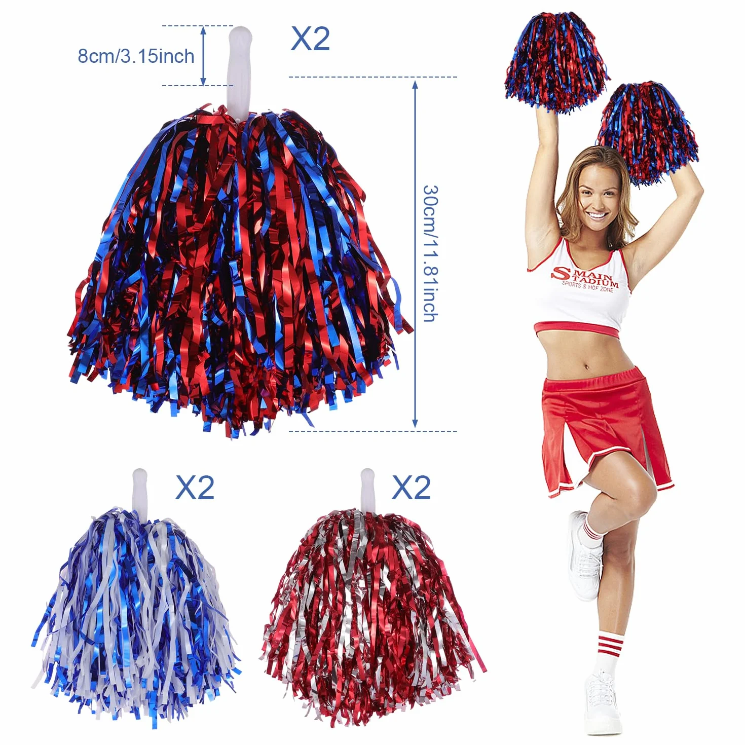 Pompones Animadora 6 Piezas con Asa Azul y Blanco Rojo y Plata Rojo y Azul para Eventos Deportivos