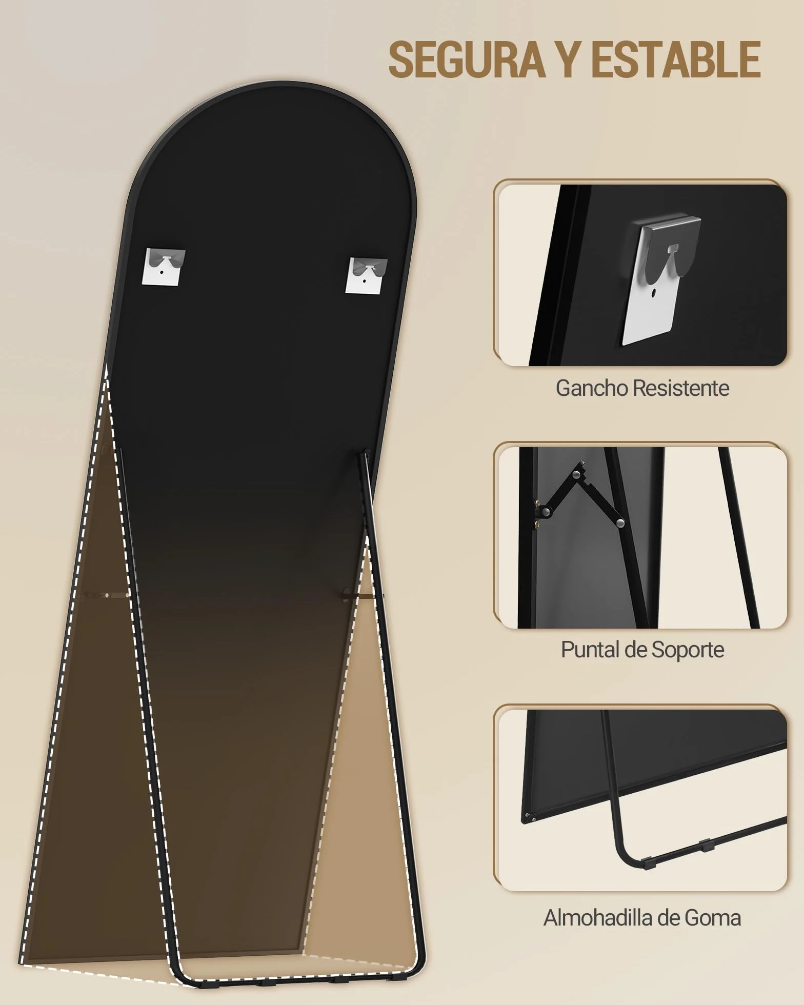 Hzuaneri Espejo de Cuerpo Entero, 160 x 50 cm, Espejo Arqueado con Soporte, con Marco de Aleación de Aluminio, Cristal Templado, Se Puede Montar en la Pared, para Dormitorio, Salón, Negro DM41999B