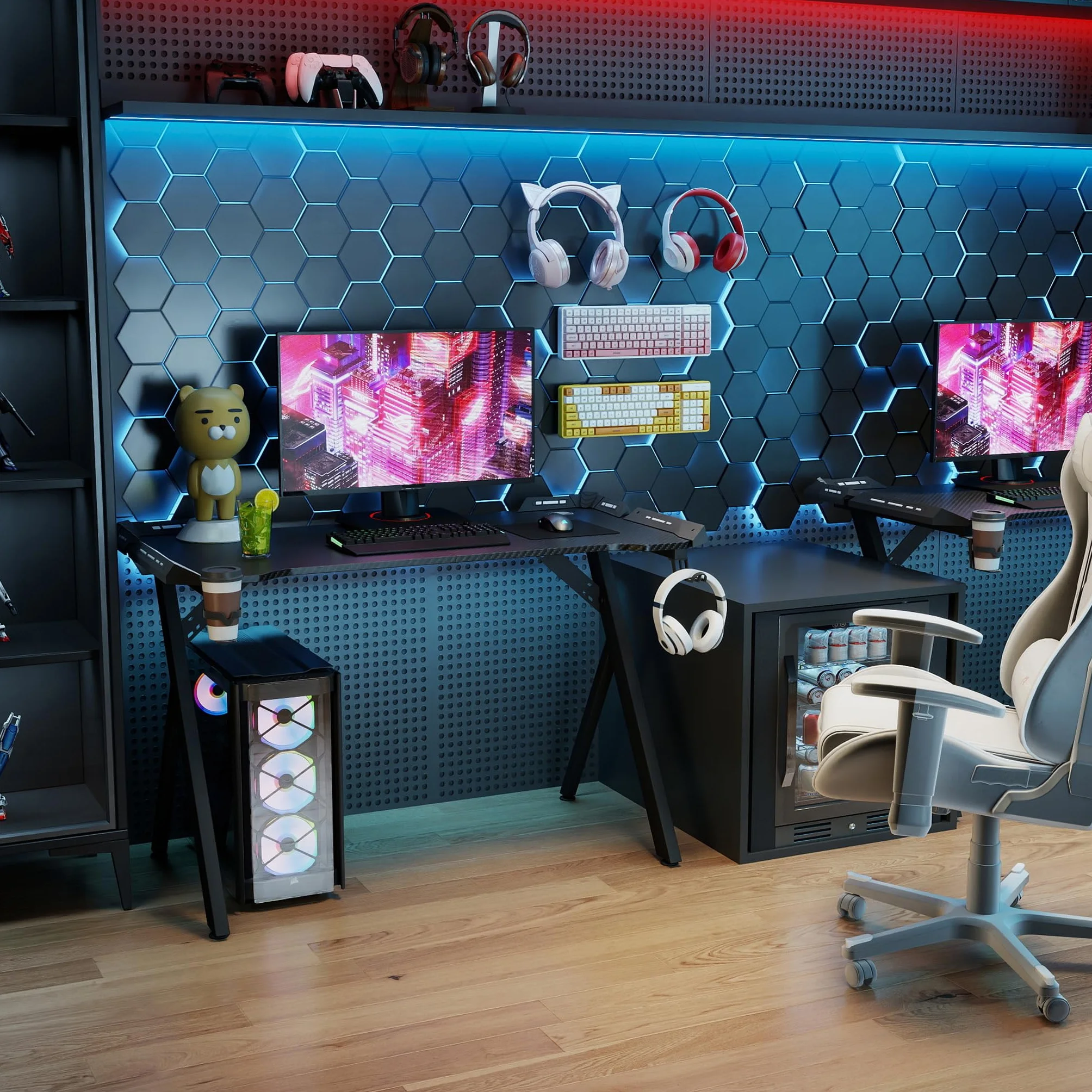 LZQ Mesa de juegos con LED RGB 140 x 60 cm, escritorio ergonómico para gamer PC con superficie de fibra de carbono, mesa de juegos RGB con mando a distancia y gancho para auriculares, color negro