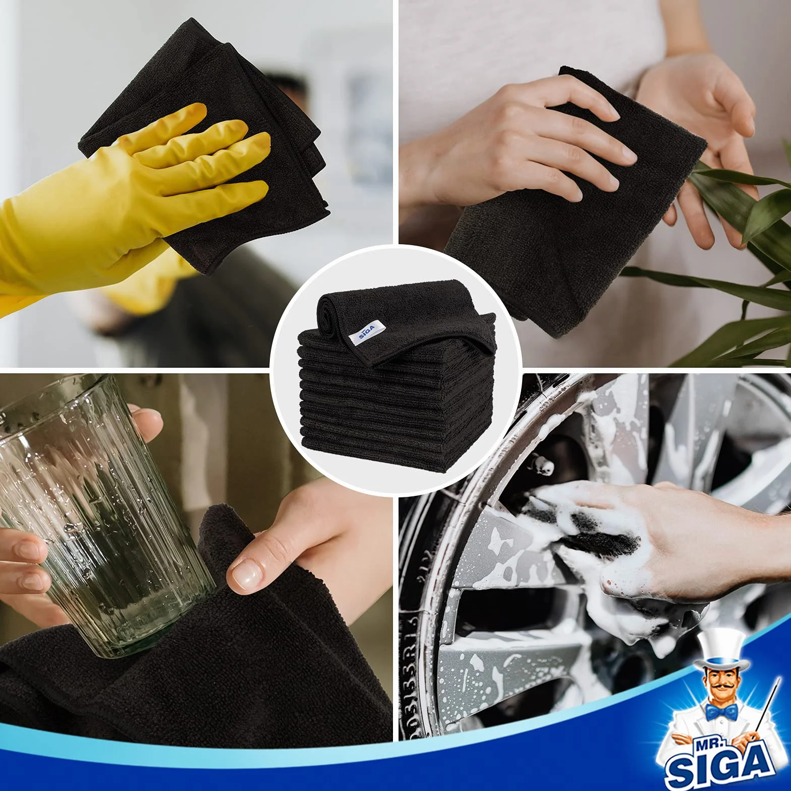 MR.SIGA Paños de Microfibra Multiusos 32x32 cm, Paquete de 12, Negro
