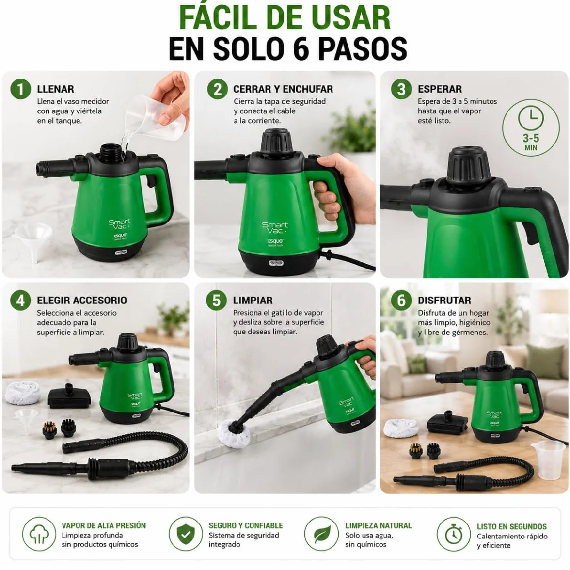 Limpiador a Vapor Multiusos Portátil 1200W 5 en 1 Presurizada con Accesorios - Xsquo
