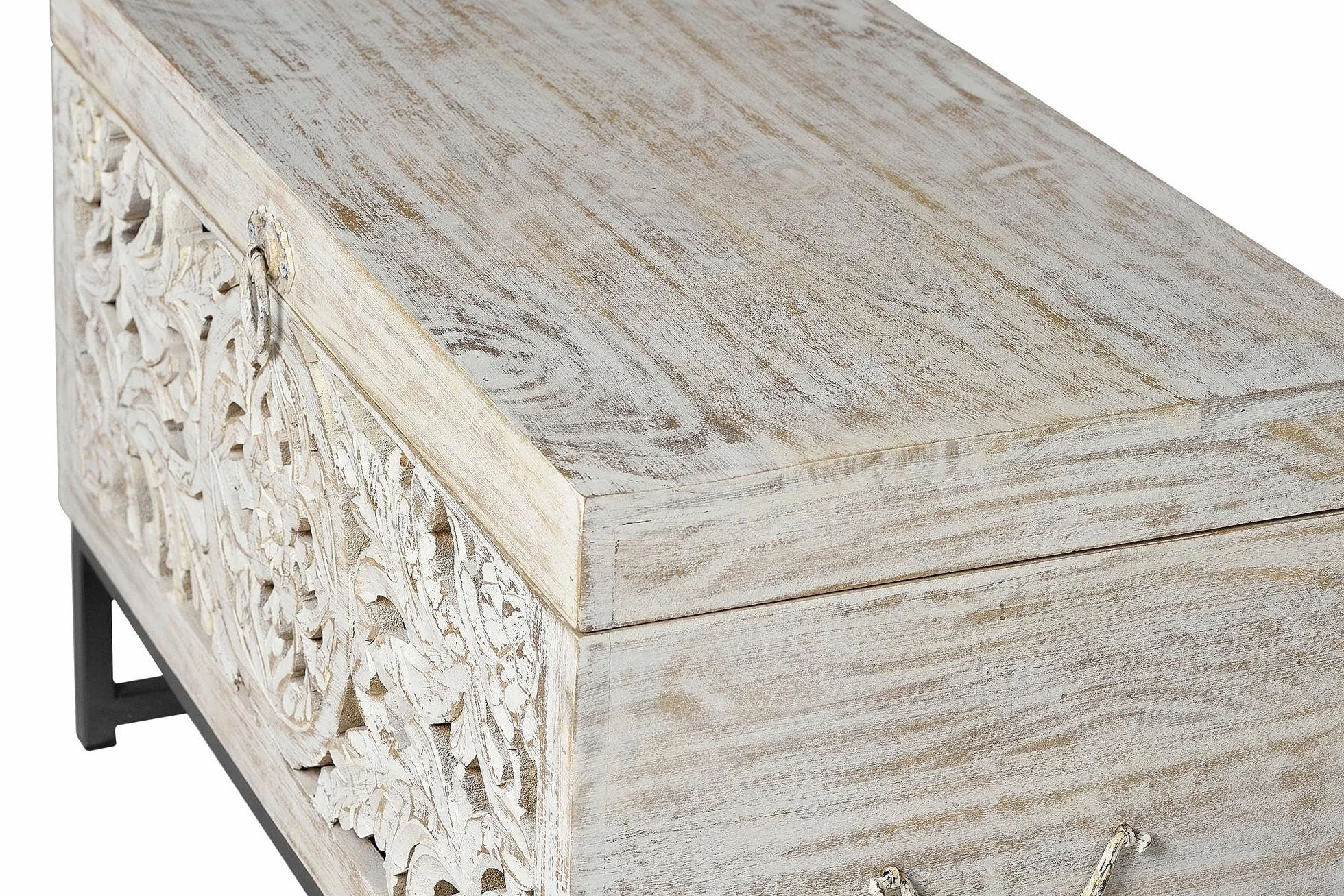 GC GINER & COLOMER Baúl de Madera de Mango Tallado a Mano con Base de Metal - Cofre de Almacenaje Blanco Envejecido 50 x 80 x 40 cm - Colección Mykonos