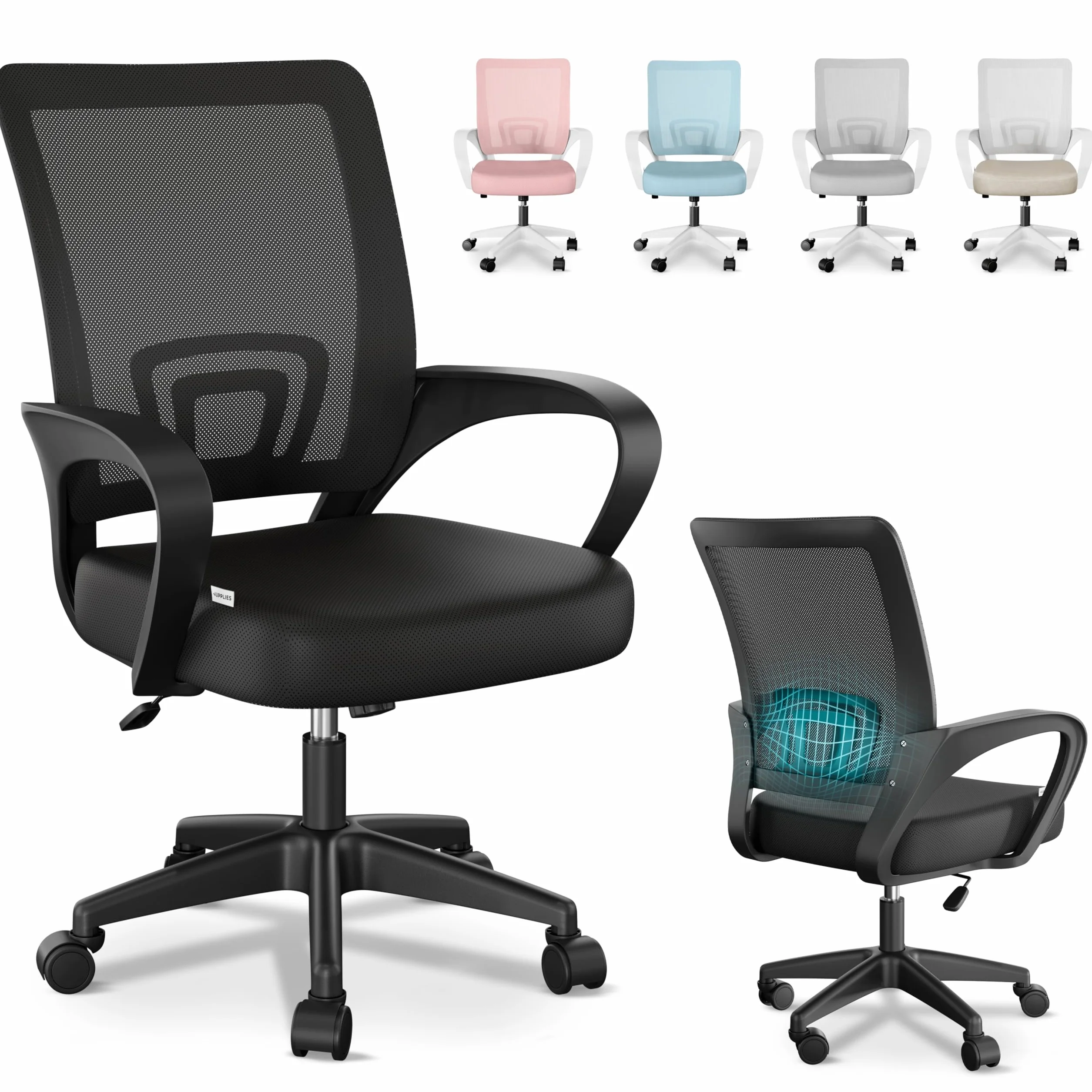 JUPPLIES Silla Escritorio Ergonomica con Apoyo Lumbar, Malla Transpirable, Ruedas 360°, 110kg