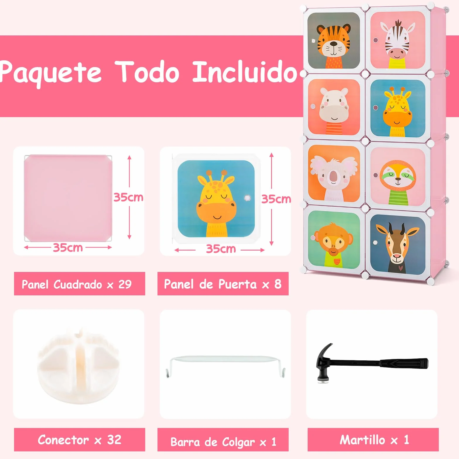COSTWAY Armario Modular Infantil 8 Cubos Estantería Organizador Almacenamiento Juguetes 75x37x145 cm Rosa