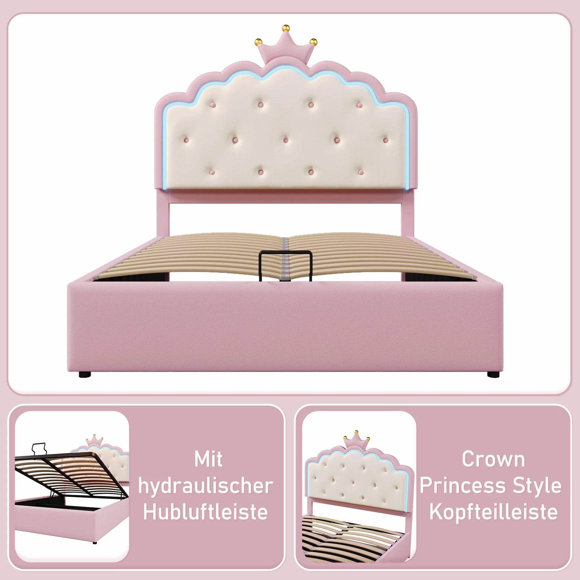 Cama Acolchada 140 x 200 cm,Cama contenedor hidráulico,Cama Individual con luz Ambiental con Mando a Distancia,Forma de Corona de Princesa,Cama con somier,Material PU,para Niños,Rosa