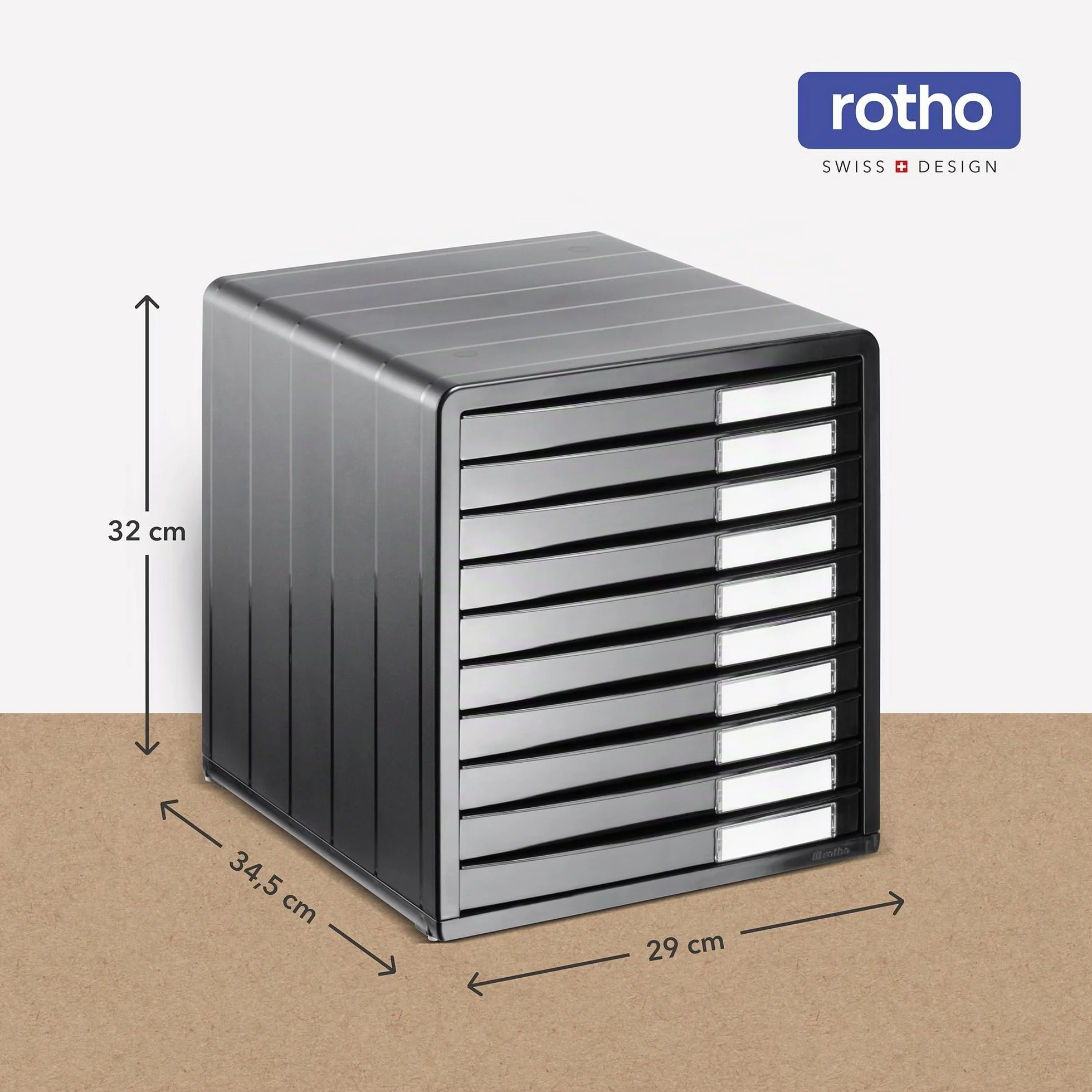 Rotho Timeless Cajón/caja de oficina con 10 cajones, Plástico (PS) sin BPA, antracita, (34.5 x 29.0 x 32.0 cm)