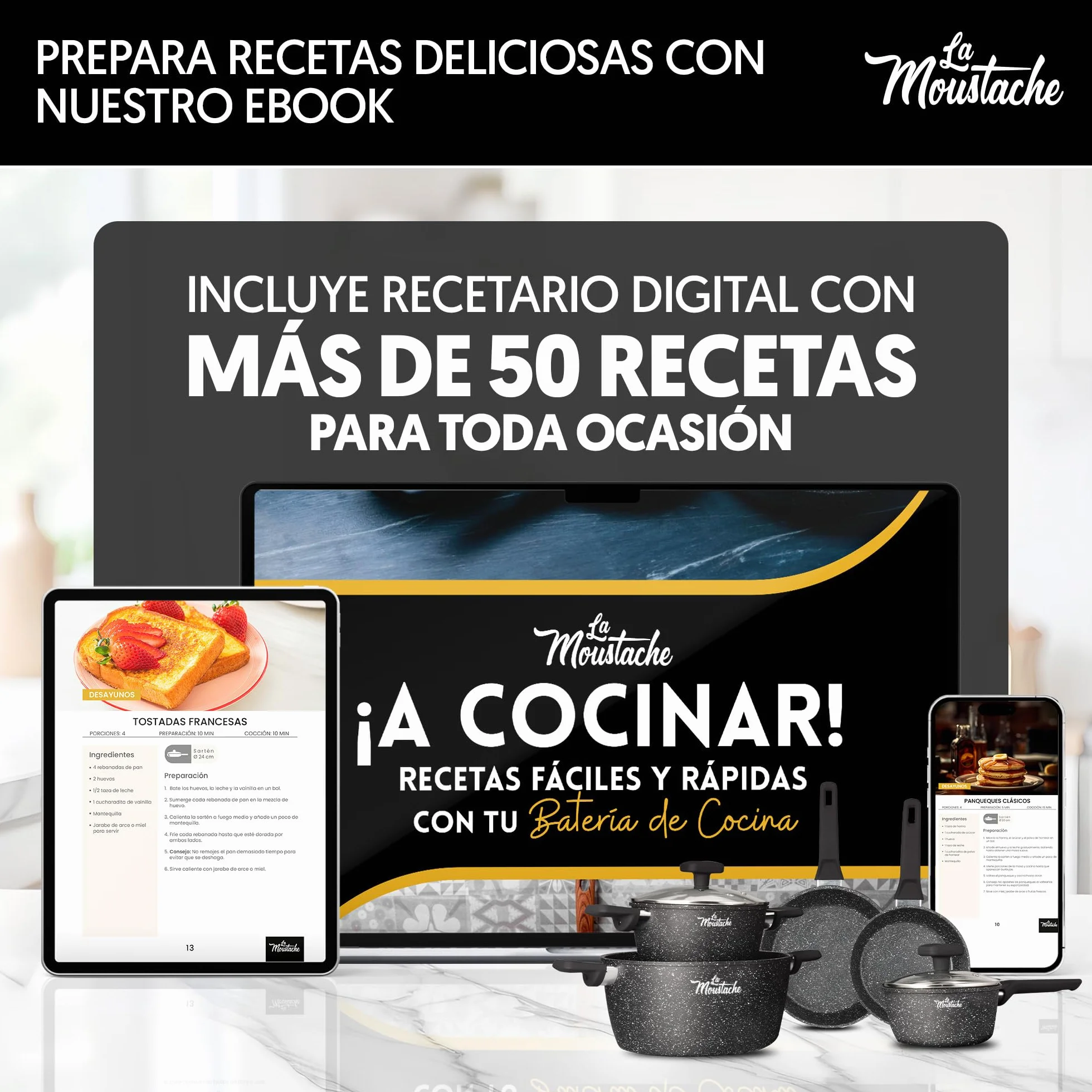 Juego de Ollas y Sartenes La Moustache 8 Piezas Aluminio Antiadherente sin PFOA PFOS Apta Inducción