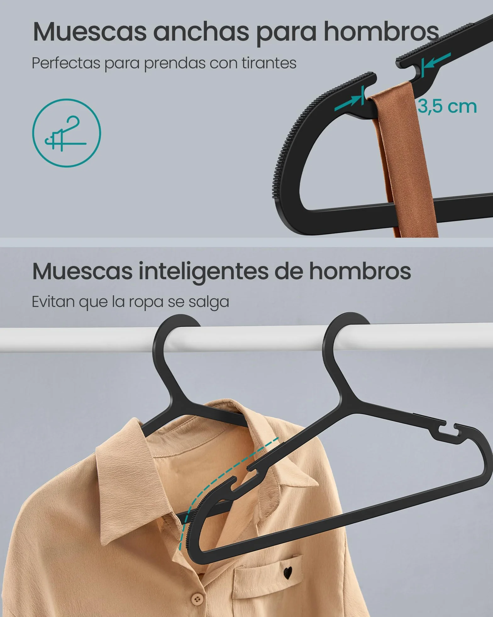 SONGMICS Perchas de Plástico con Muescas de Hombro Anchas, 41,7 cm, Juego de 50, Negro Tinta