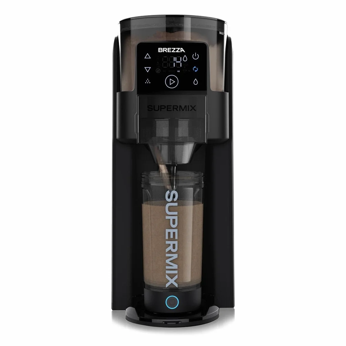 BREZZA Supermix - Máquina automática de batidos de proteínas, dispensador eléctrico de polvo y sistema de taza de mezcla, Tritan sin BPA de 24 onzas, 95% de precisión, batidos sin grumos en 25